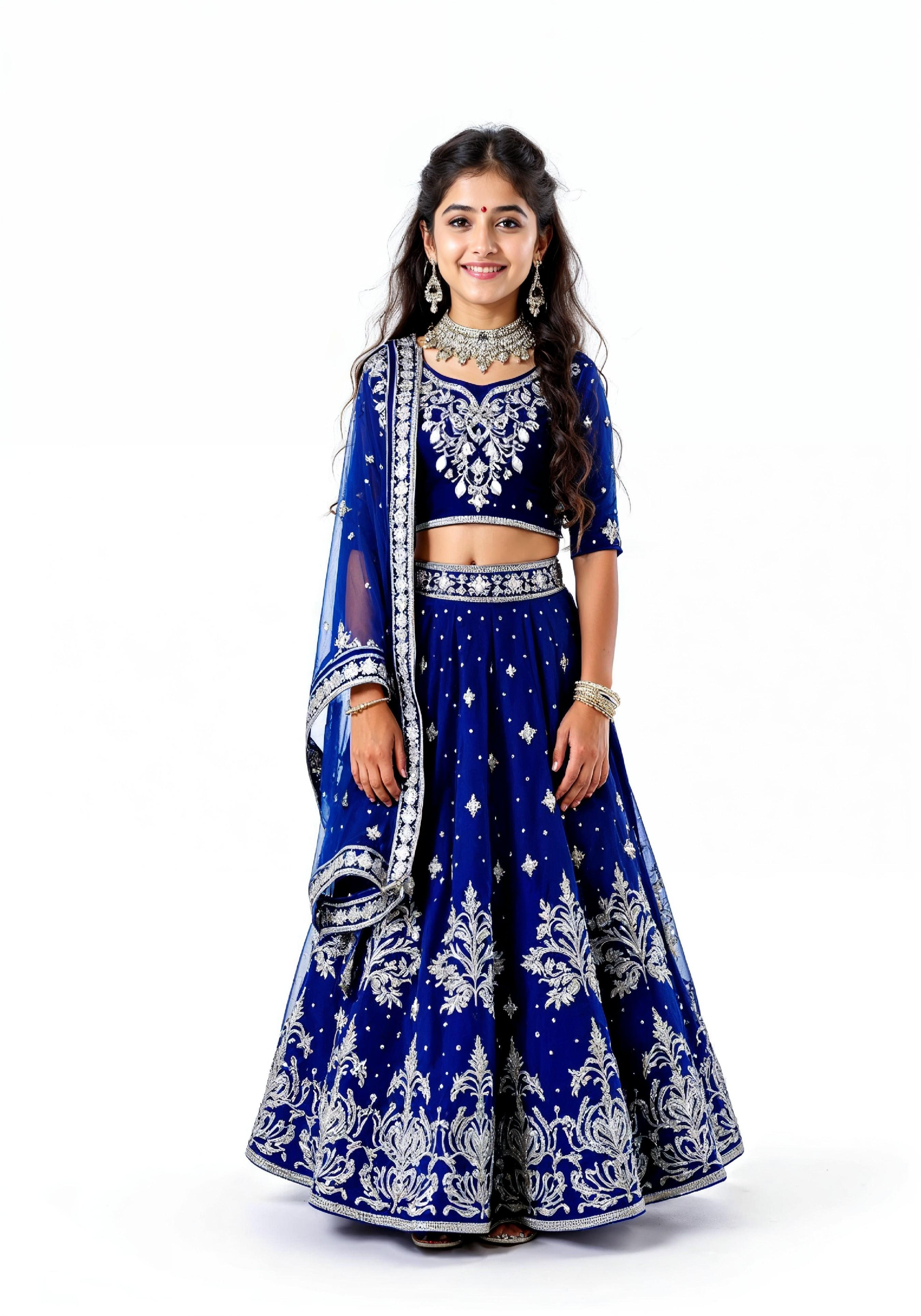 Beautiful Indian Girl in Traditional Lehenga Choli Standing Isolated on White Background