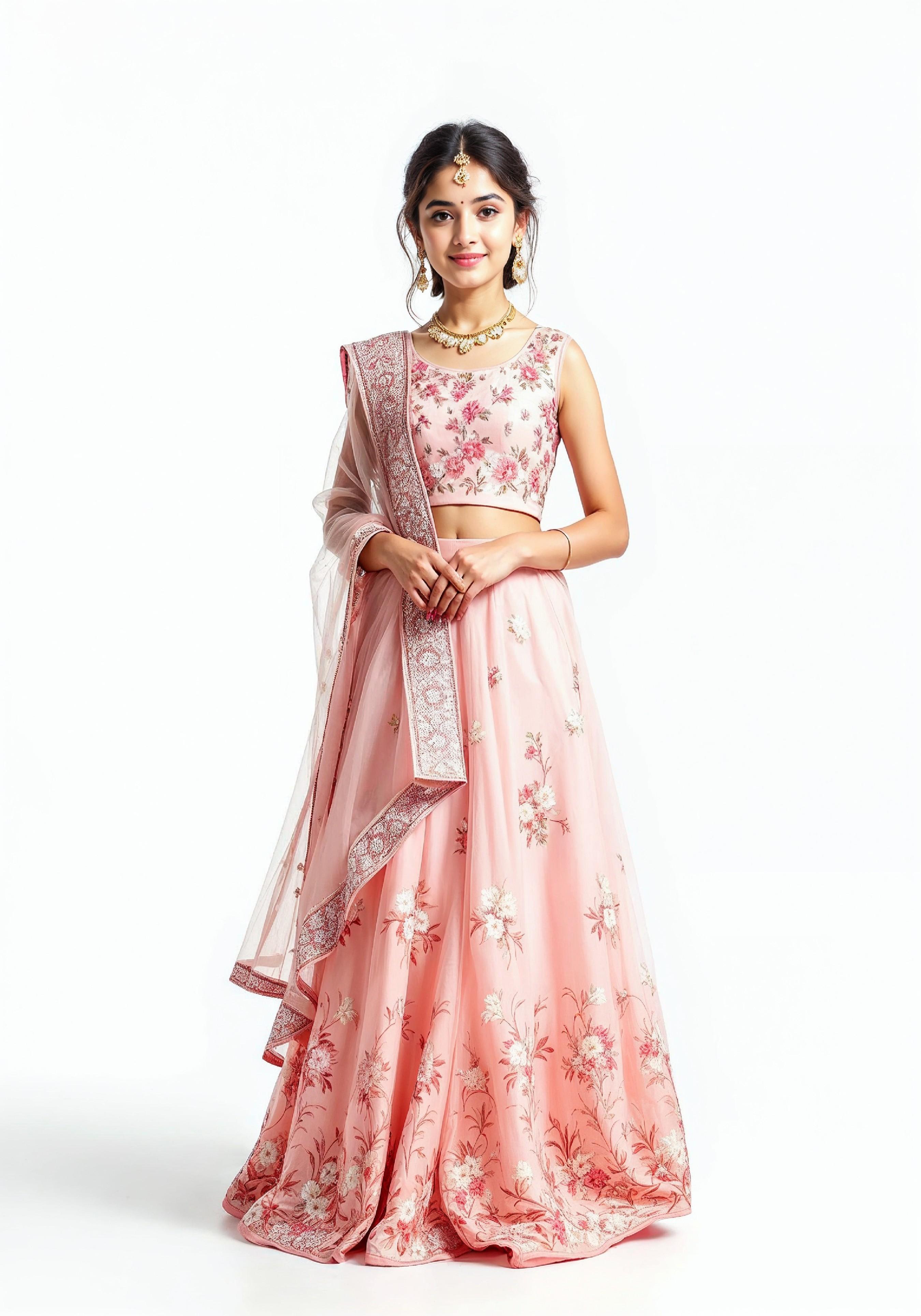 Beautiful Indian Girl in Traditional Lehenga Choli Standing Isolated on White Background