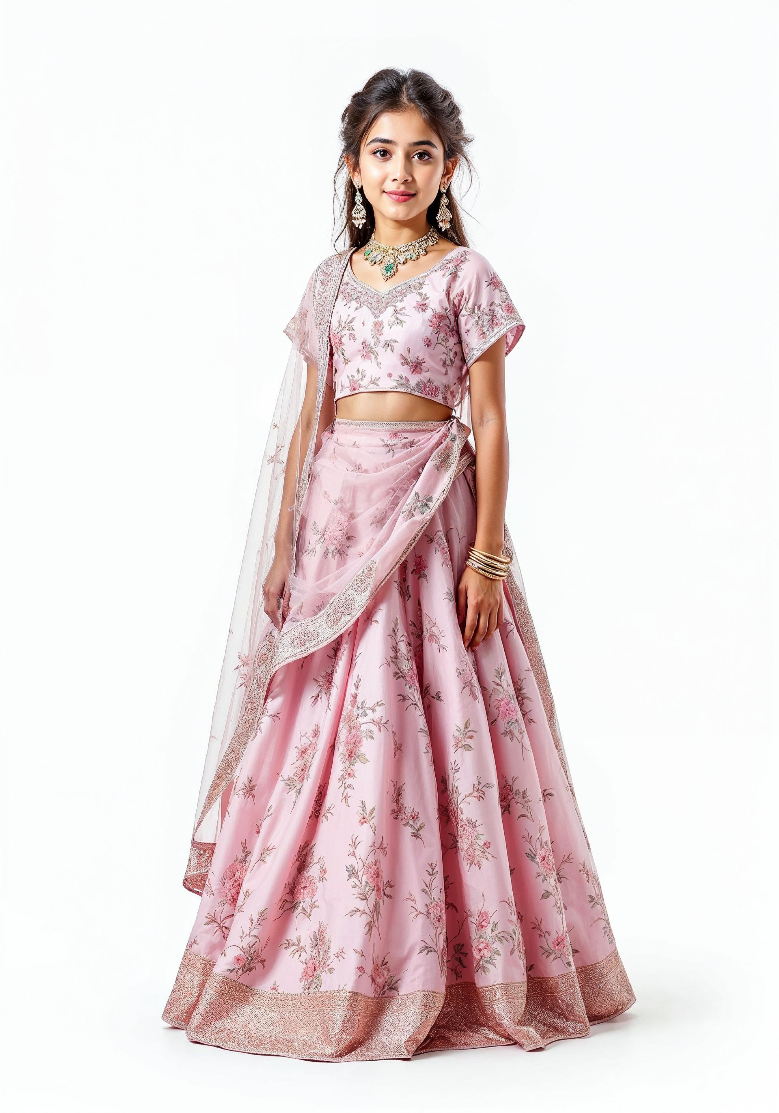 Beautiful Indian Girl in Traditional Lehenga Choli Standing Isolated on White Background