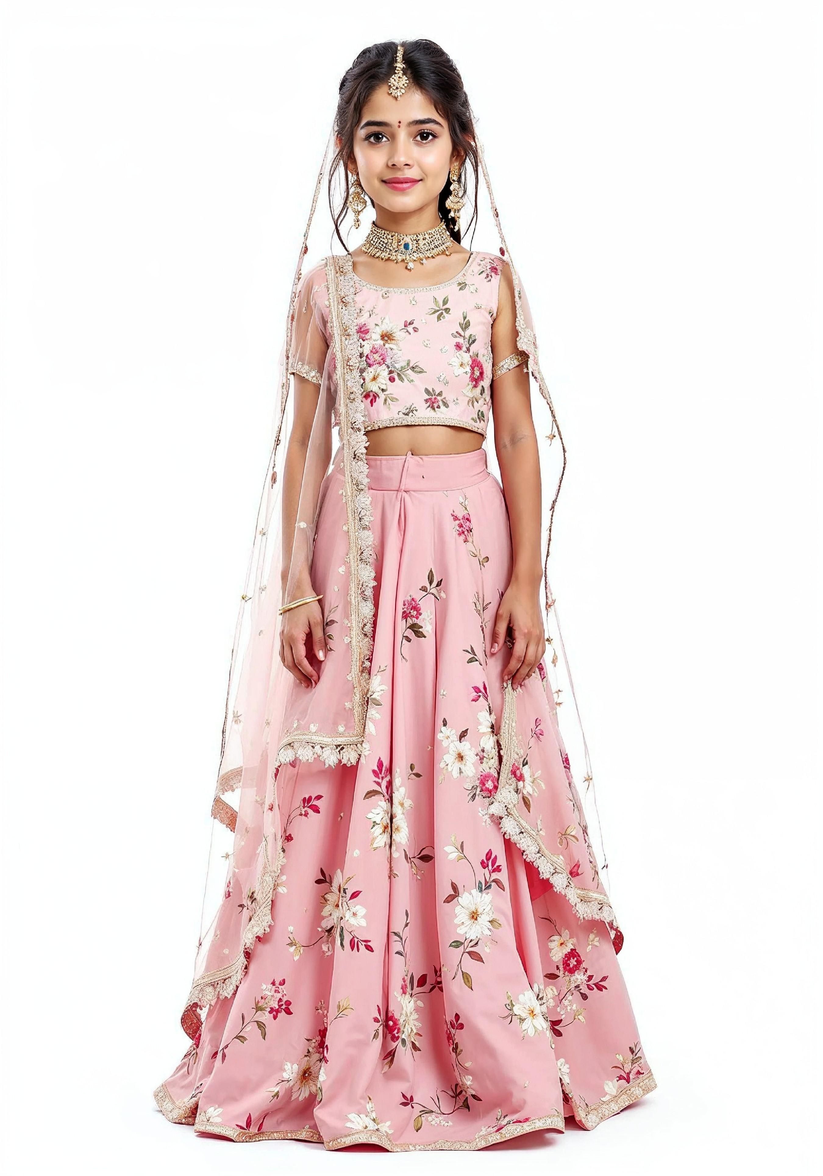 Beautiful Indian Girl in Traditional Lehenga Choli Standing Isolated on White Background