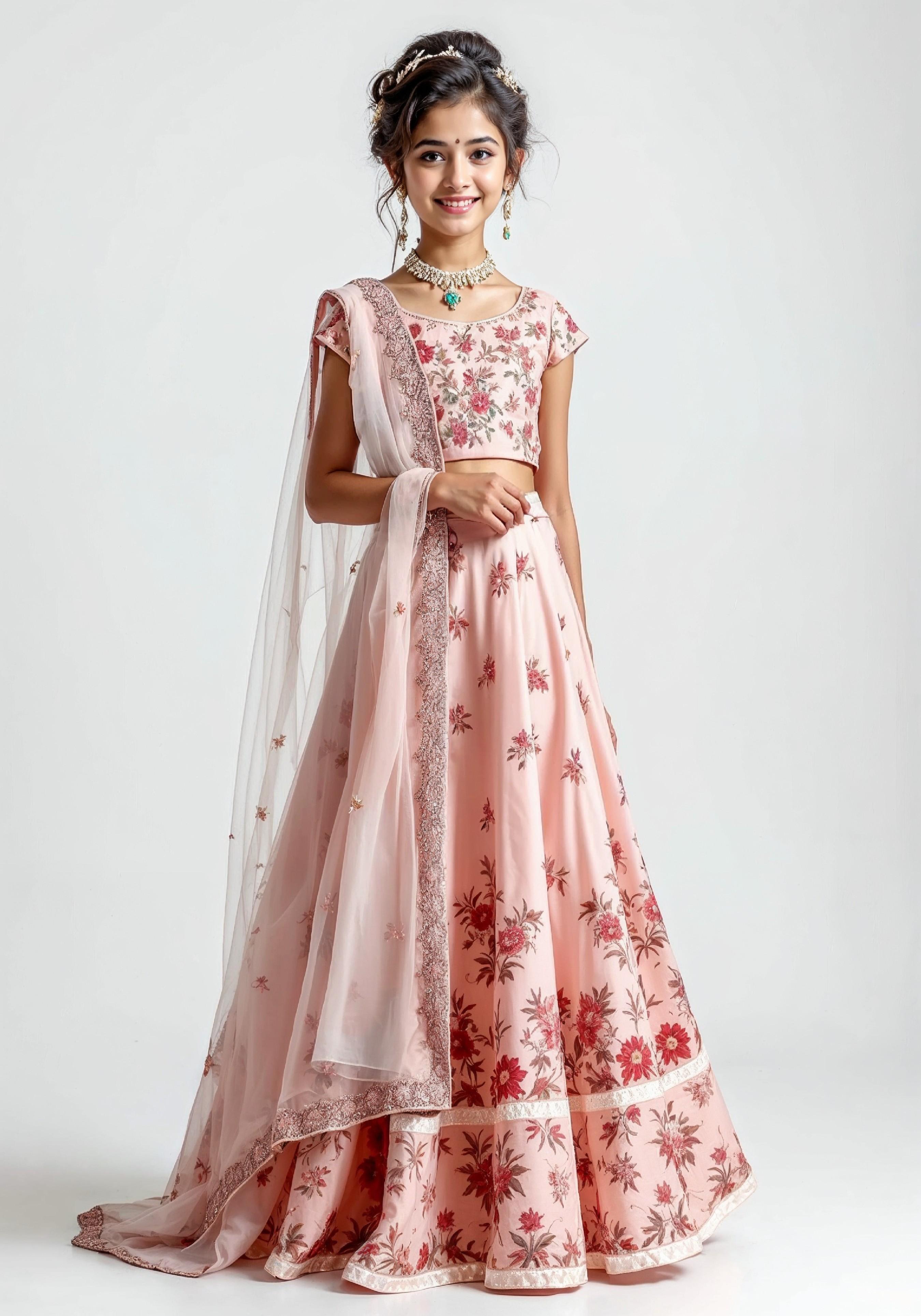 Beautiful Indian Girl in Traditional Lehenga Choli Standing Isolated on White Background