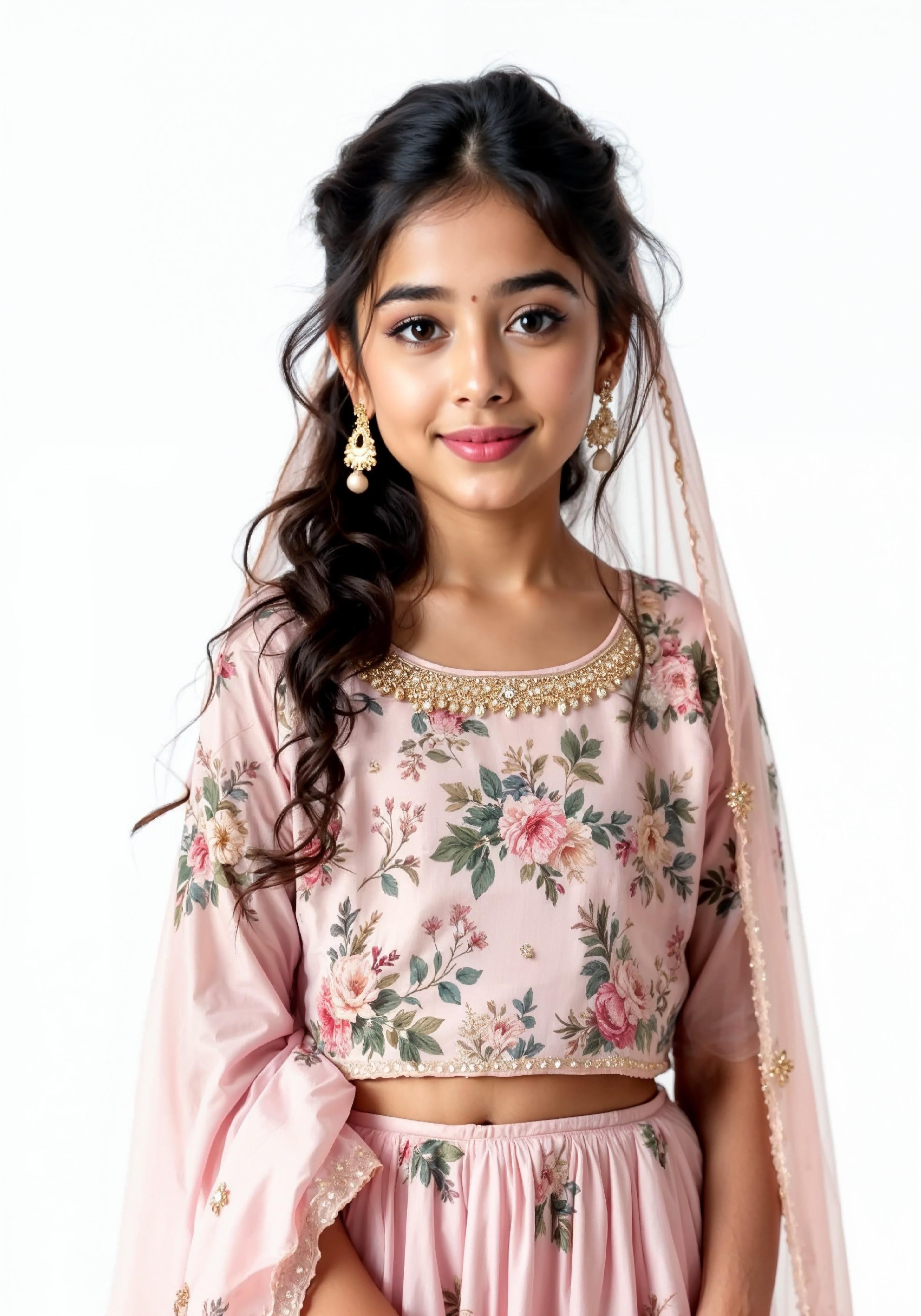 Beautiful Indian Girl in Traditional Lehenga Choli Standing Isolated on White Background