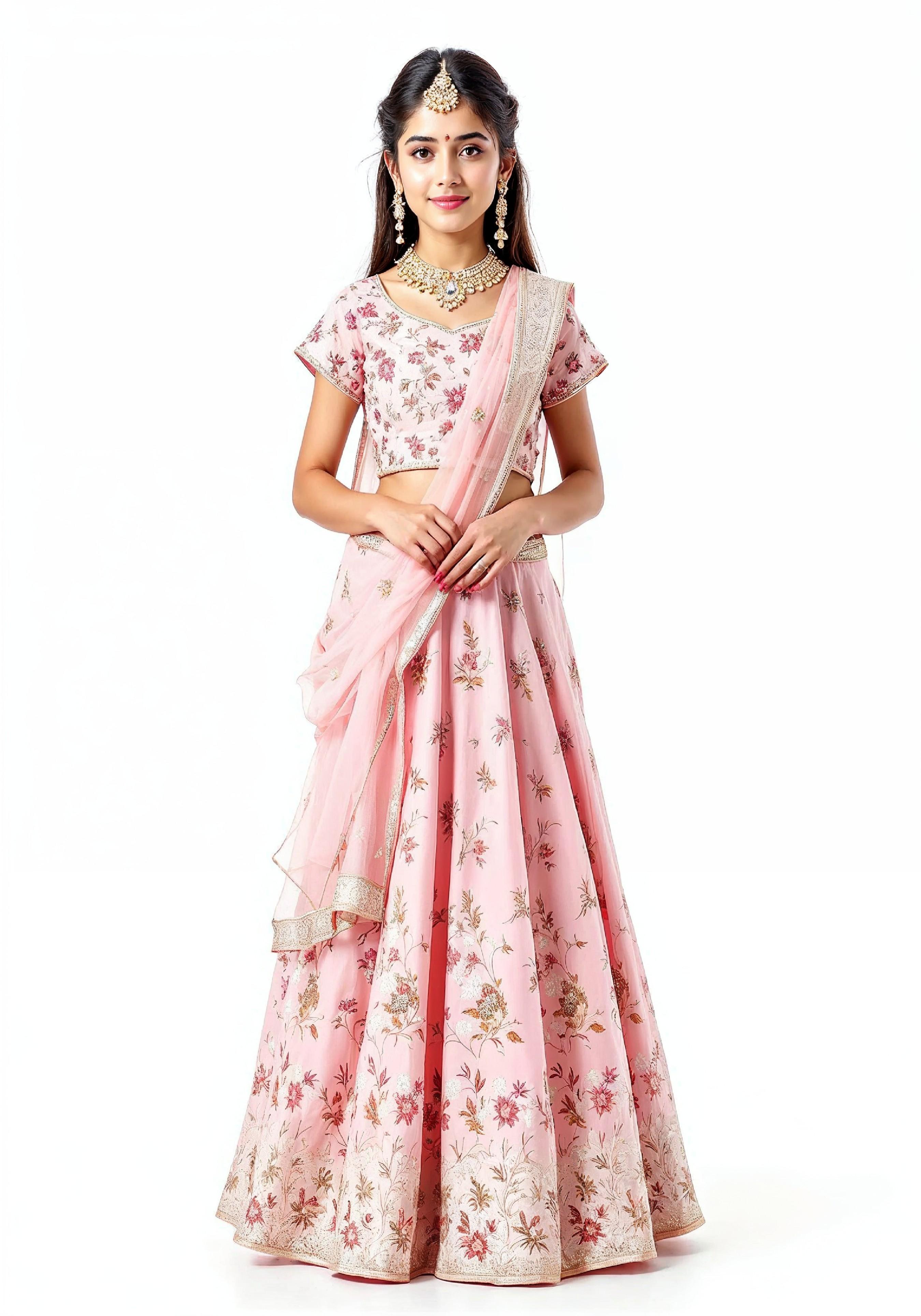 Beautiful Indian Girl in Traditional Lehenga Choli Standing Isolated on White Background
