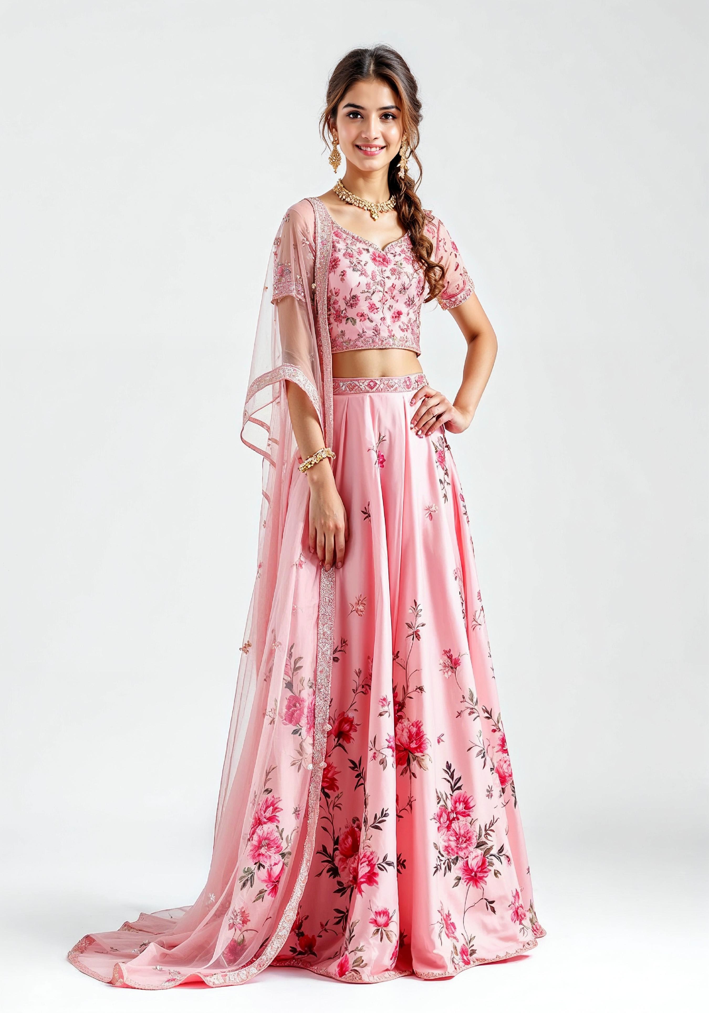 Beautiful Indian Girl in Traditional Lehenga Choli Standing Isolated on White Background