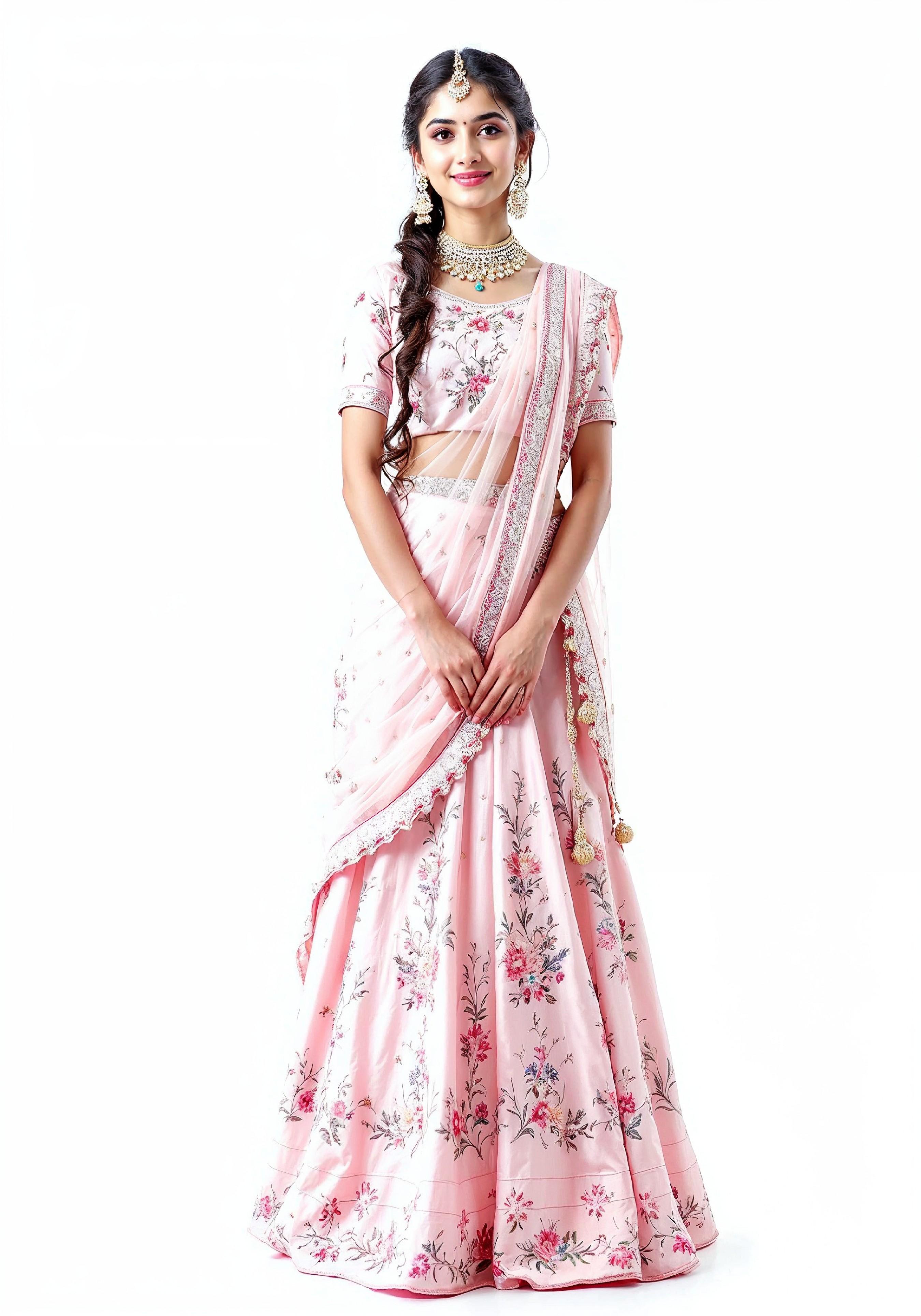 Beautiful Indian Girl in Traditional Lehenga Choli Standing Isolated on White Background