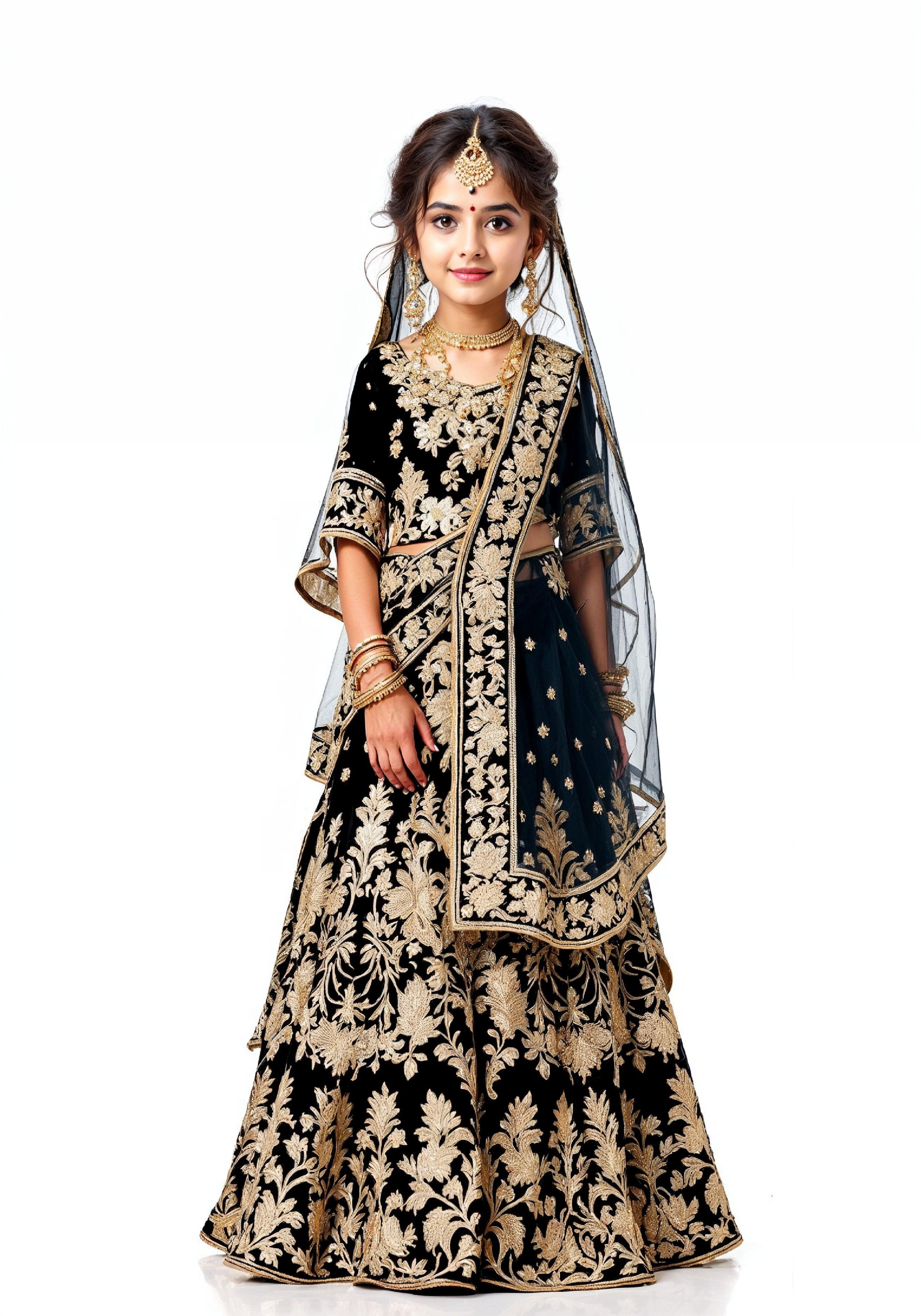 Beautiful Indian Girl in Traditional Lehenga Choli Standing Isolated on White Background