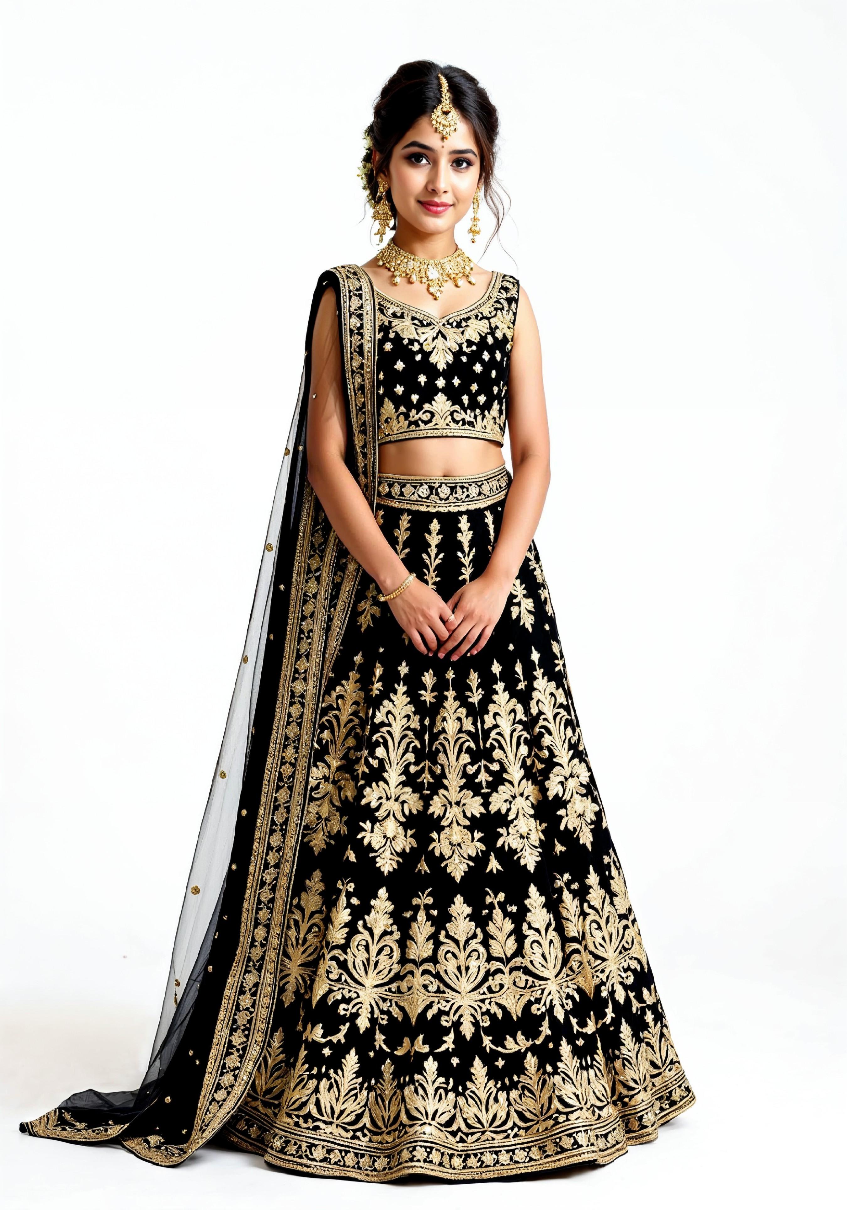 Beautiful Indian Girl in Traditional Lehenga Choli Standing Isolated on White Background