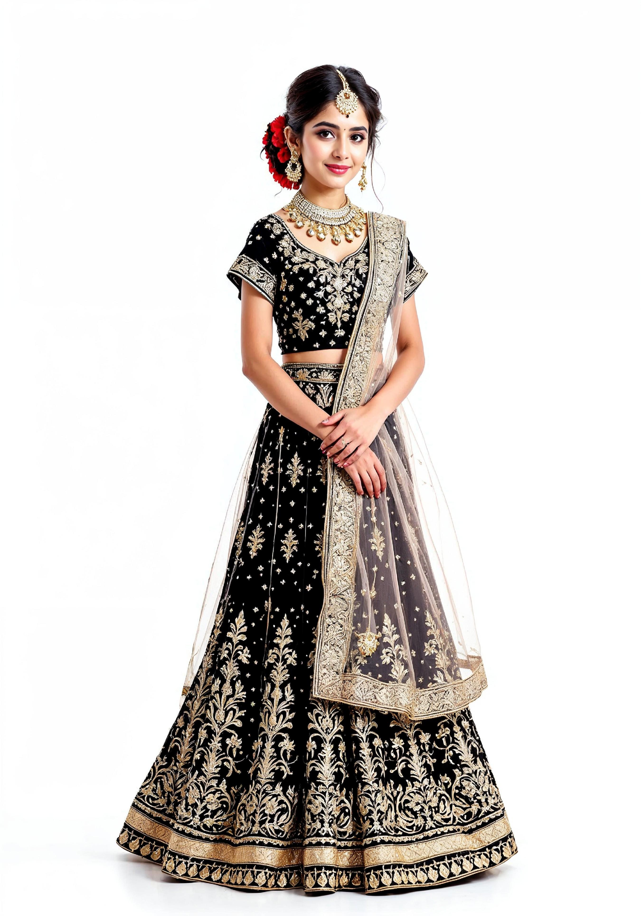 Beautiful Indian Girl in Traditional Lehenga Choli Standing Isolated on White Background