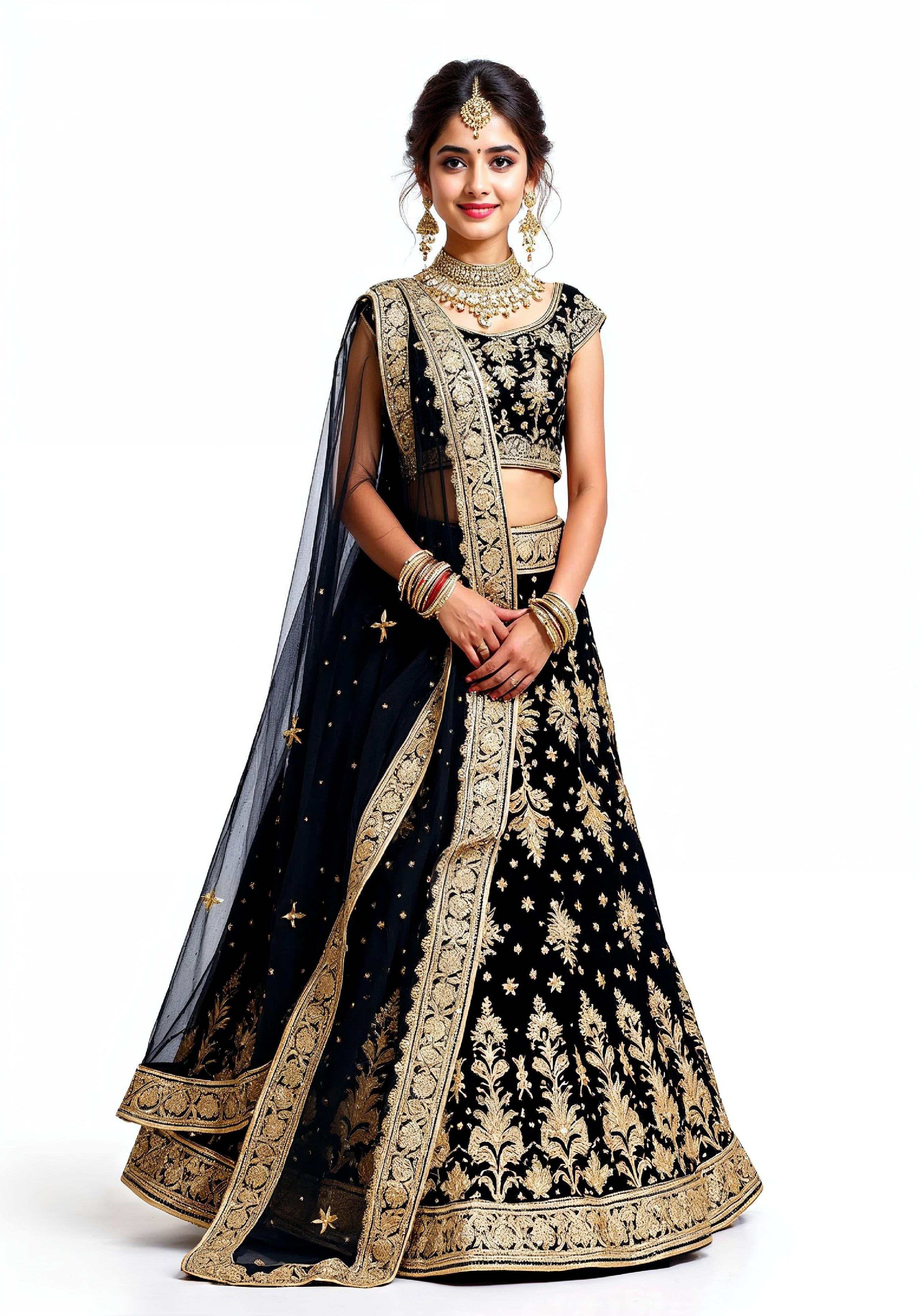 Beautiful Indian Girl in Traditional Lehenga Choli Standing Isolated on White Background