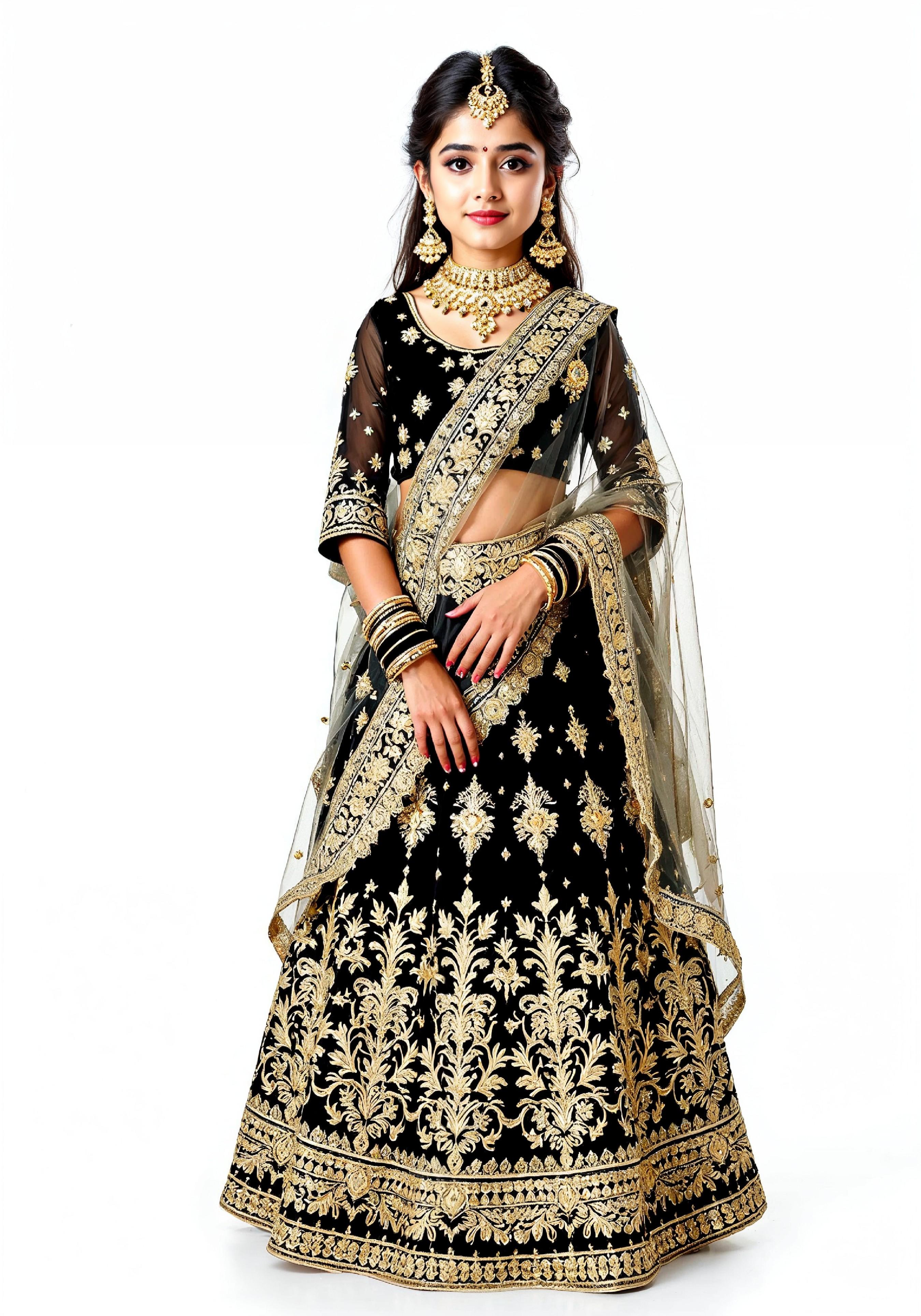 Beautiful Indian Girl in Traditional Lehenga Choli Standing Isolated on White Background