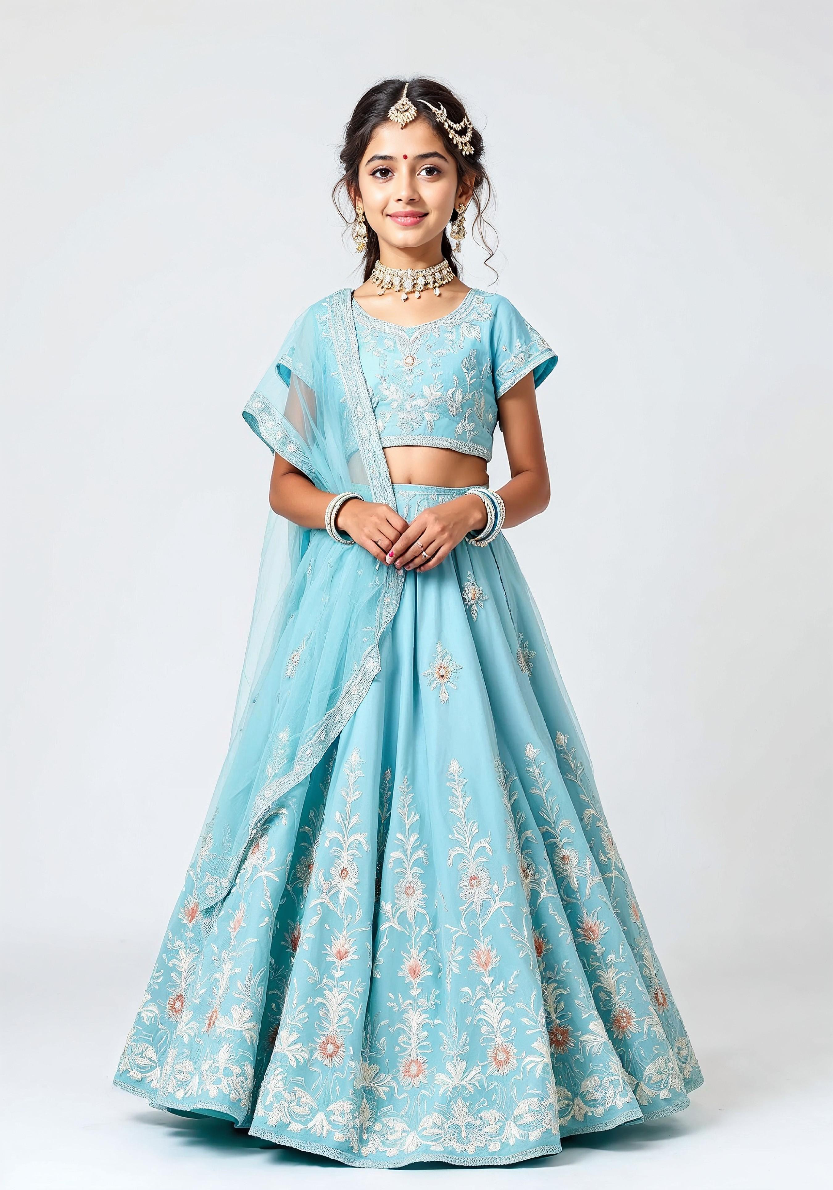 Beautiful Indian Girl in Traditional Lehenga Choli Standing Isolated on White Background