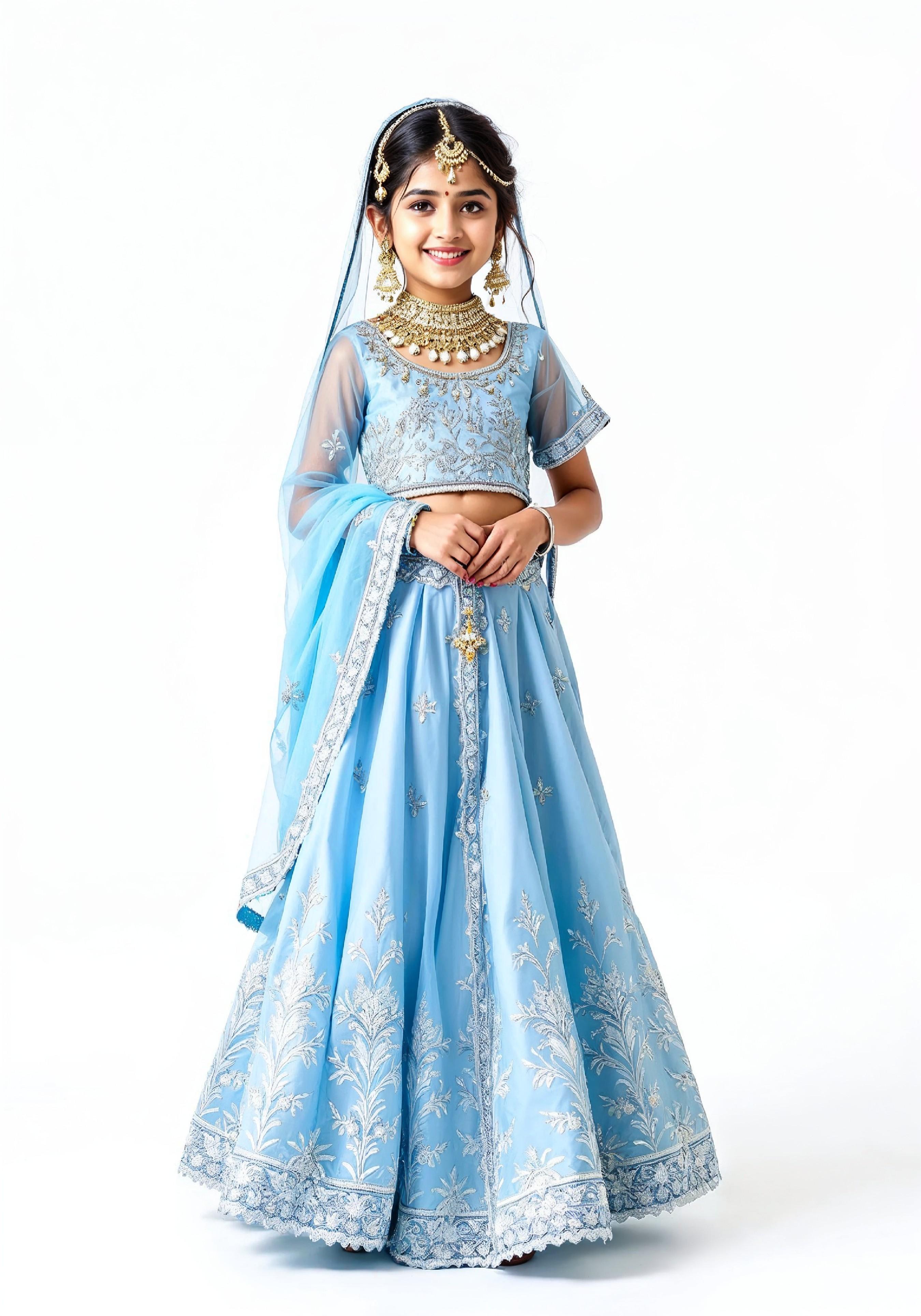Beautiful Indian Girl in Traditional Lehenga Choli Standing Isolated on White Background