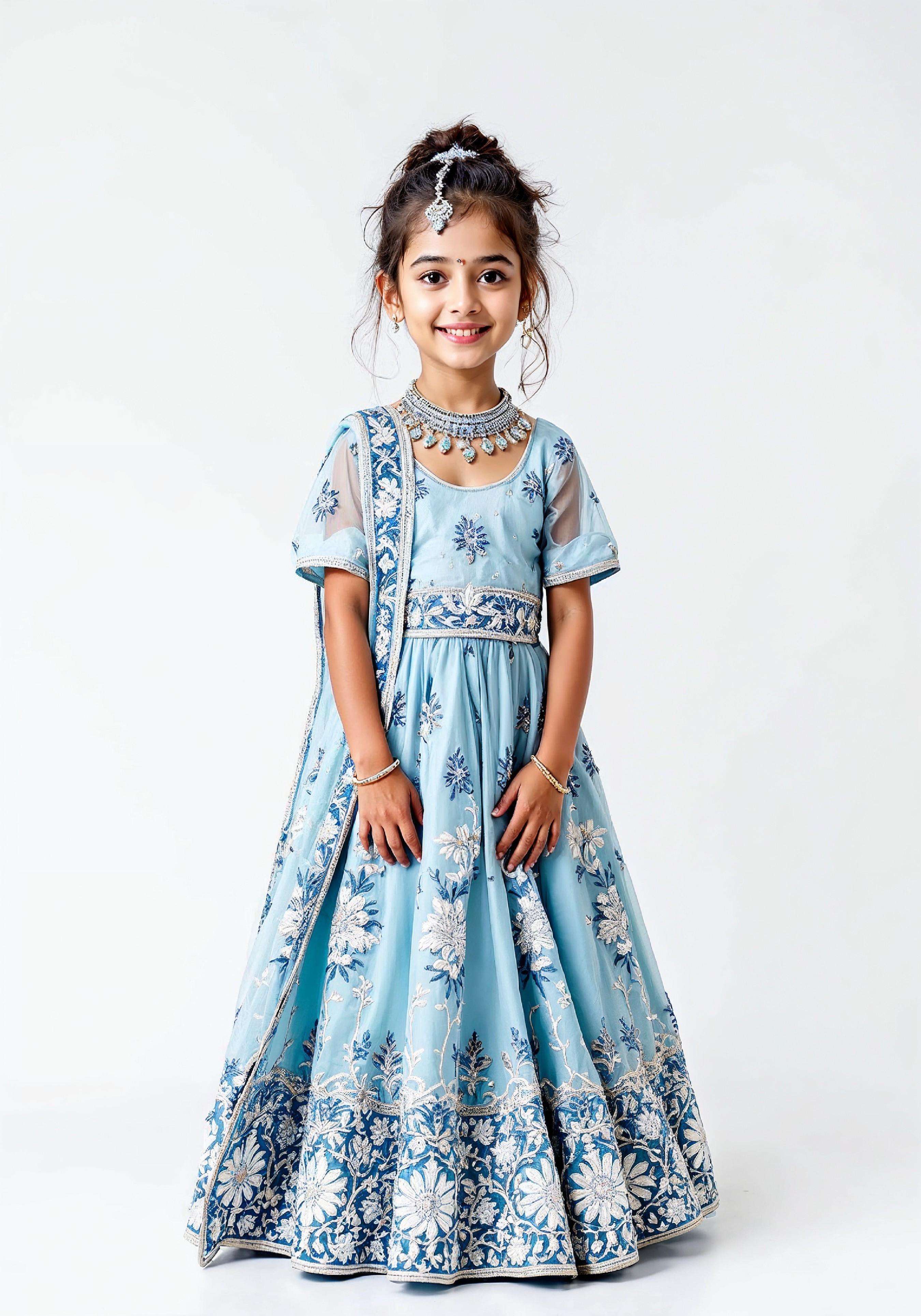 Beautiful Indian Girl in Traditional Lehenga Choli Standing Isolated on White Background