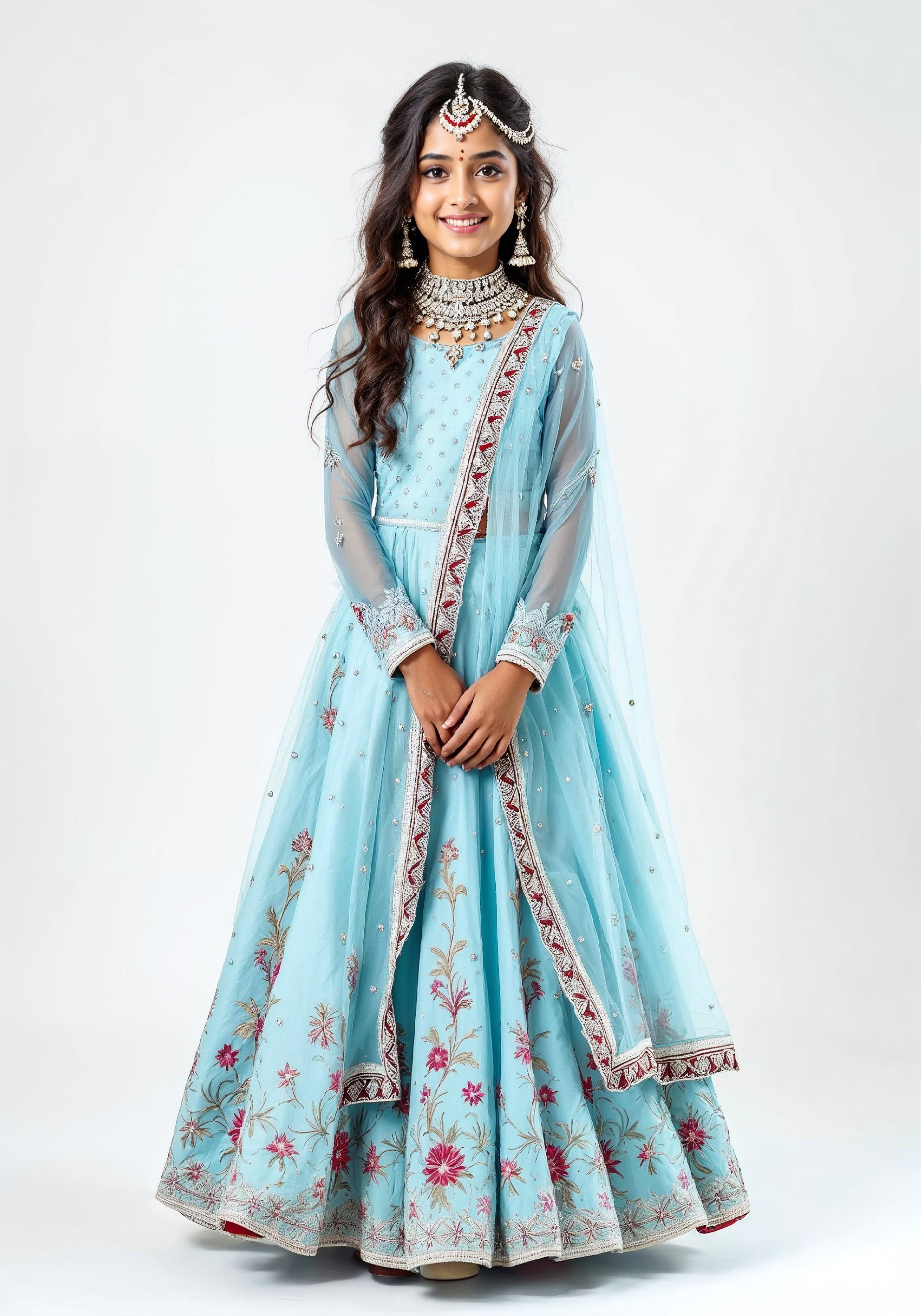 Beautiful Indian Girl in Traditional Lehenga Choli Standing Isolated on White Background