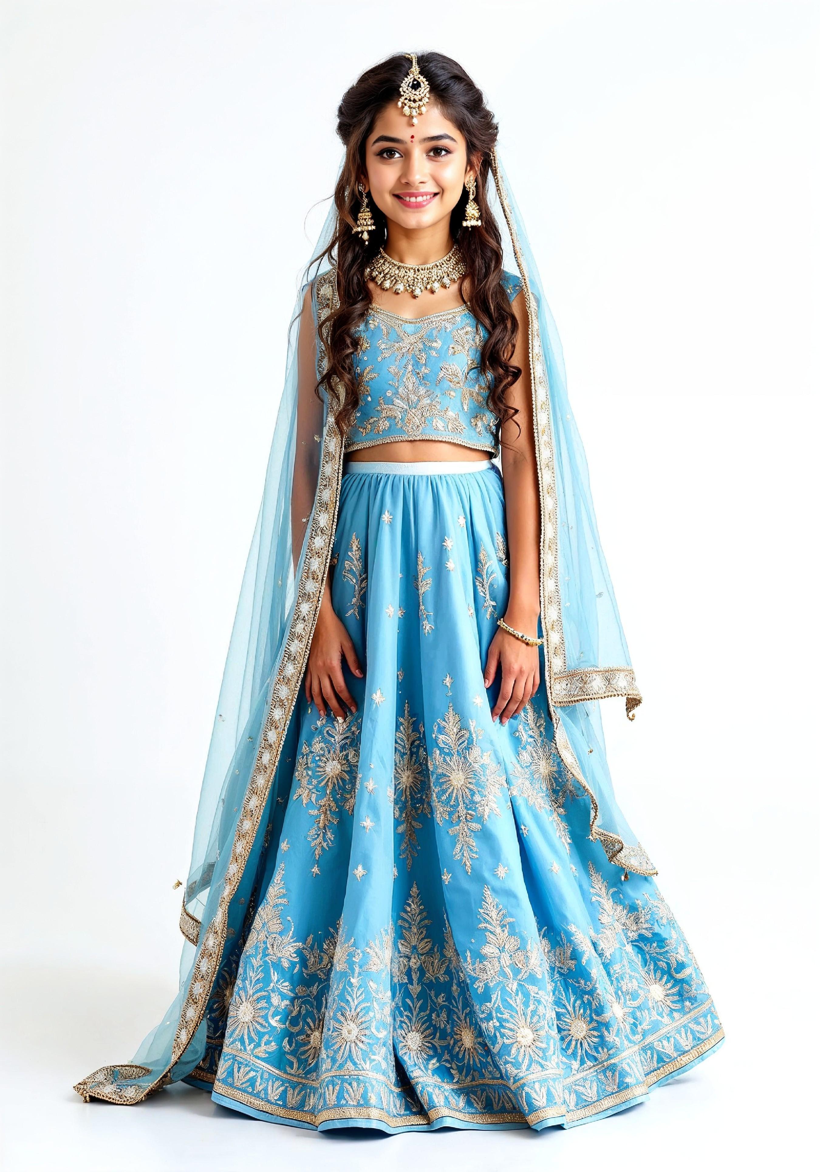 Beautiful Indian Girl in Traditional Lehenga Choli Standing Isolated on White Background