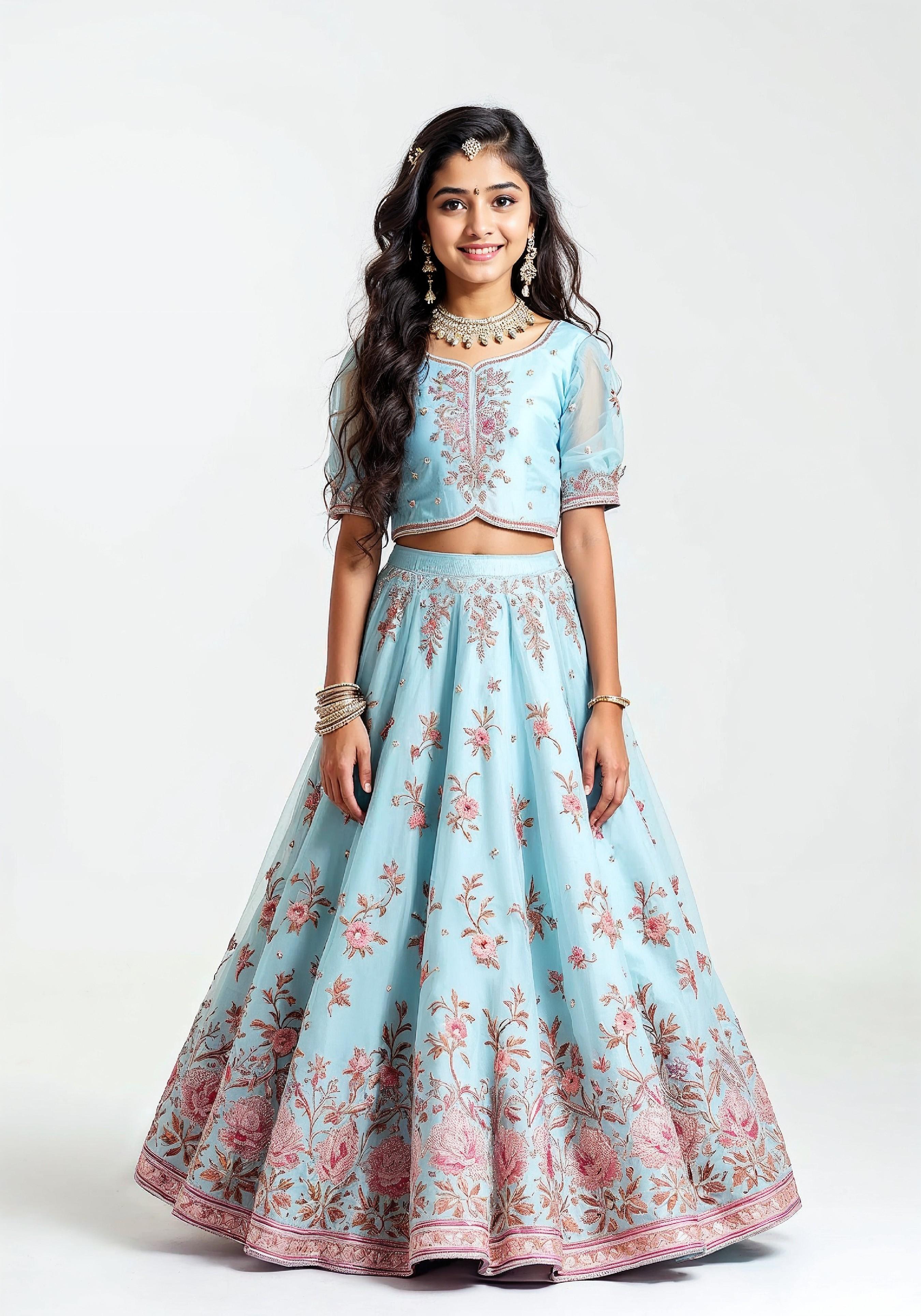 Beautiful Indian Girl in Traditional Lehenga Choli Standing Isolated on White Background