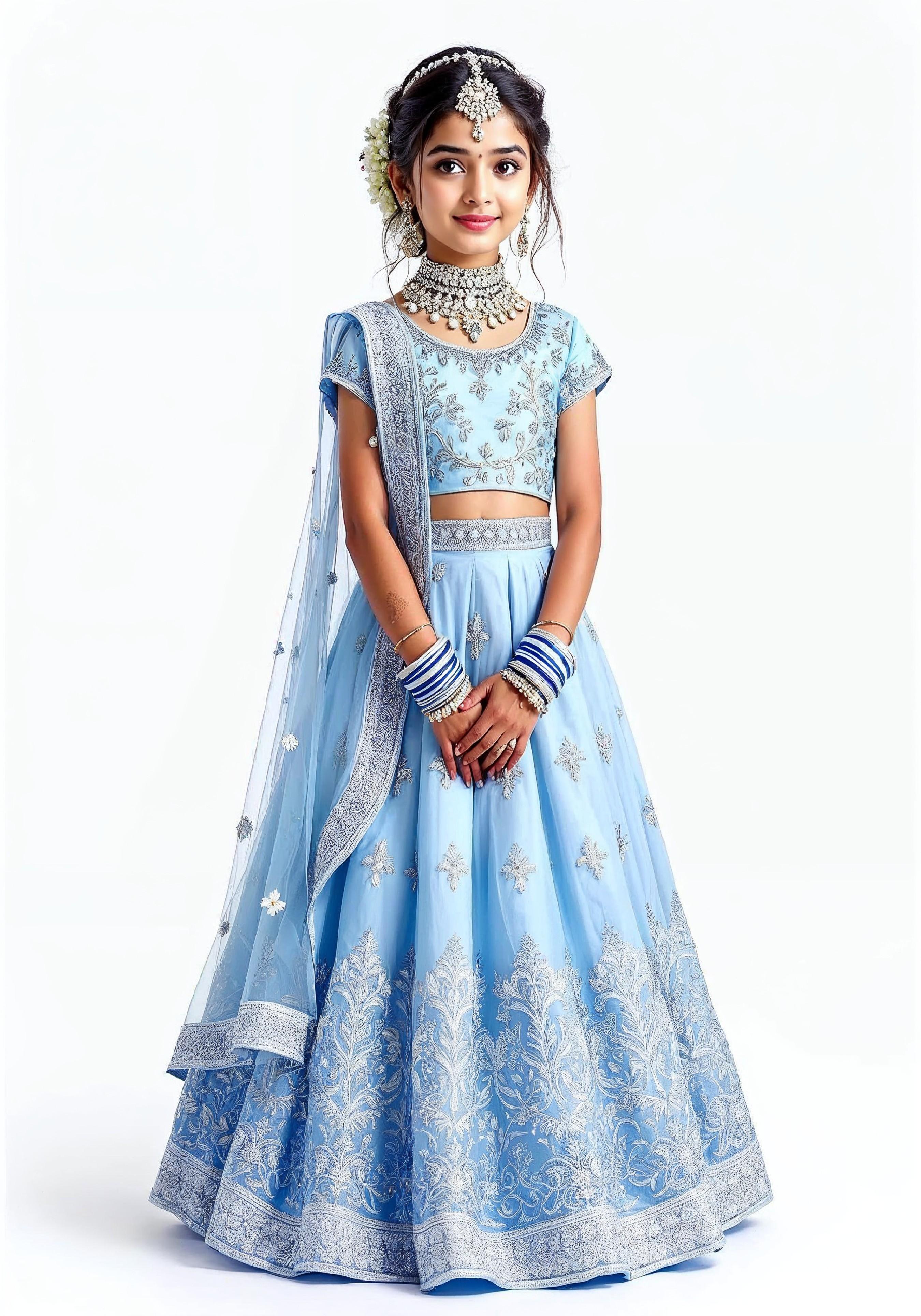 Beautiful Indian Girl in Traditional Lehenga Choli Standing Isolated on White Background