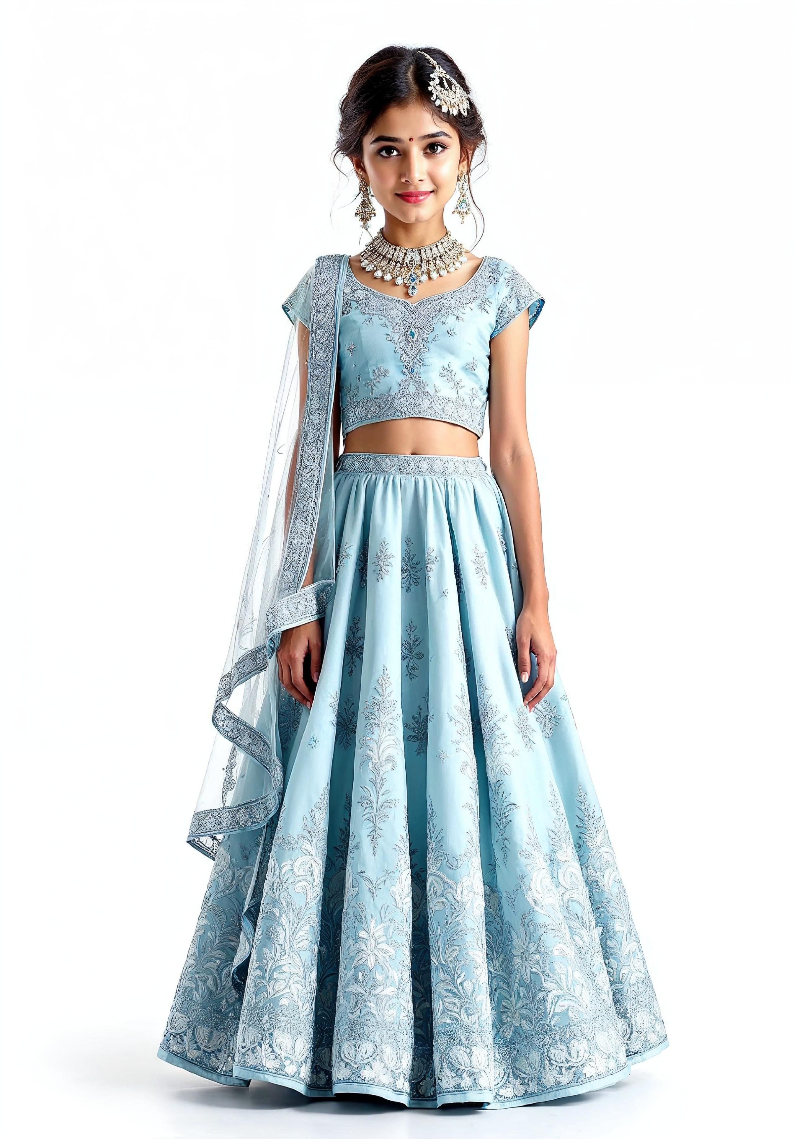 Beautiful Indian Girl in Traditional Lehenga Choli Standing Isolated on White Background