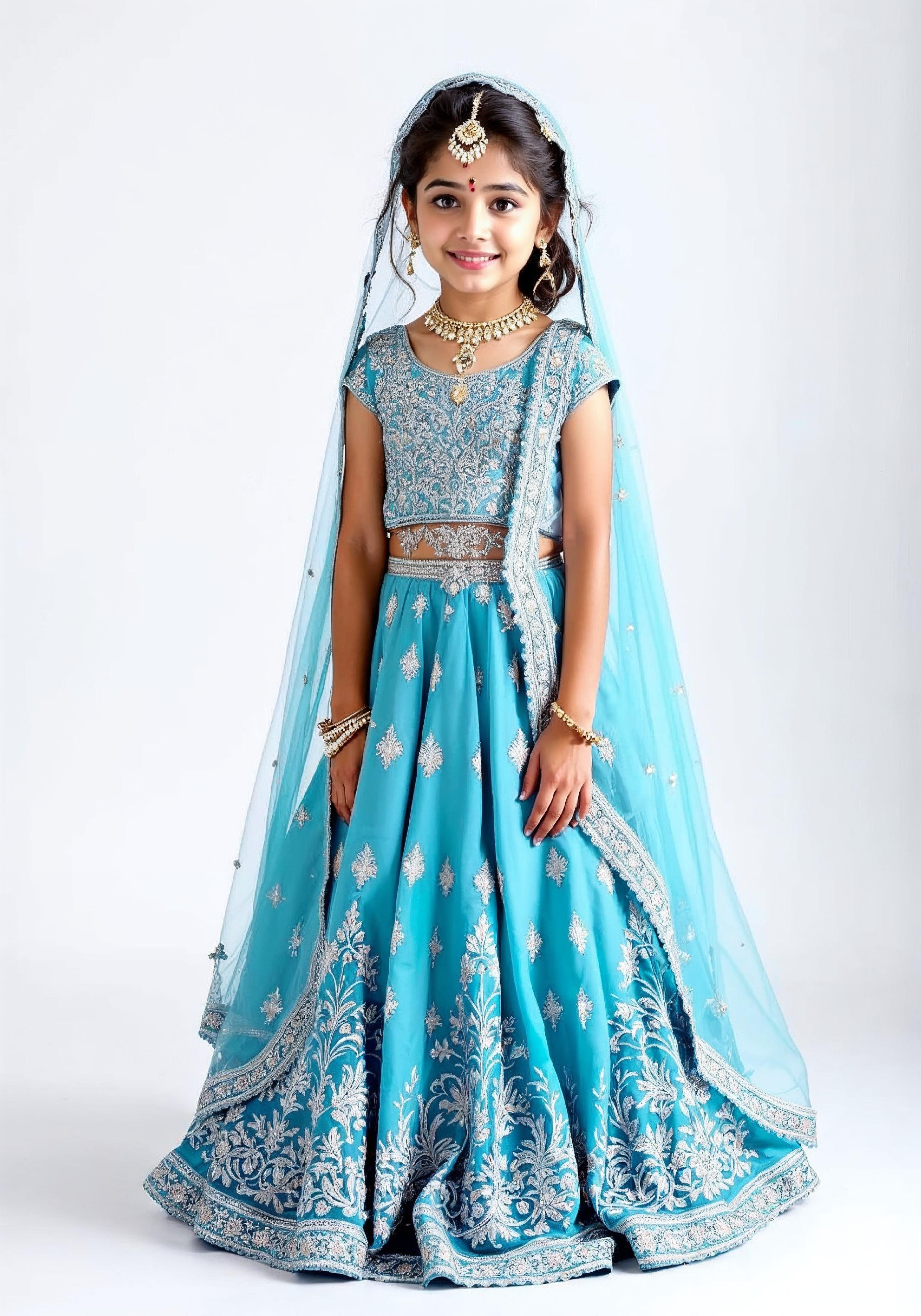 Beautiful Indian Girl in Traditional Lehenga Choli Standing Isolated on White Background