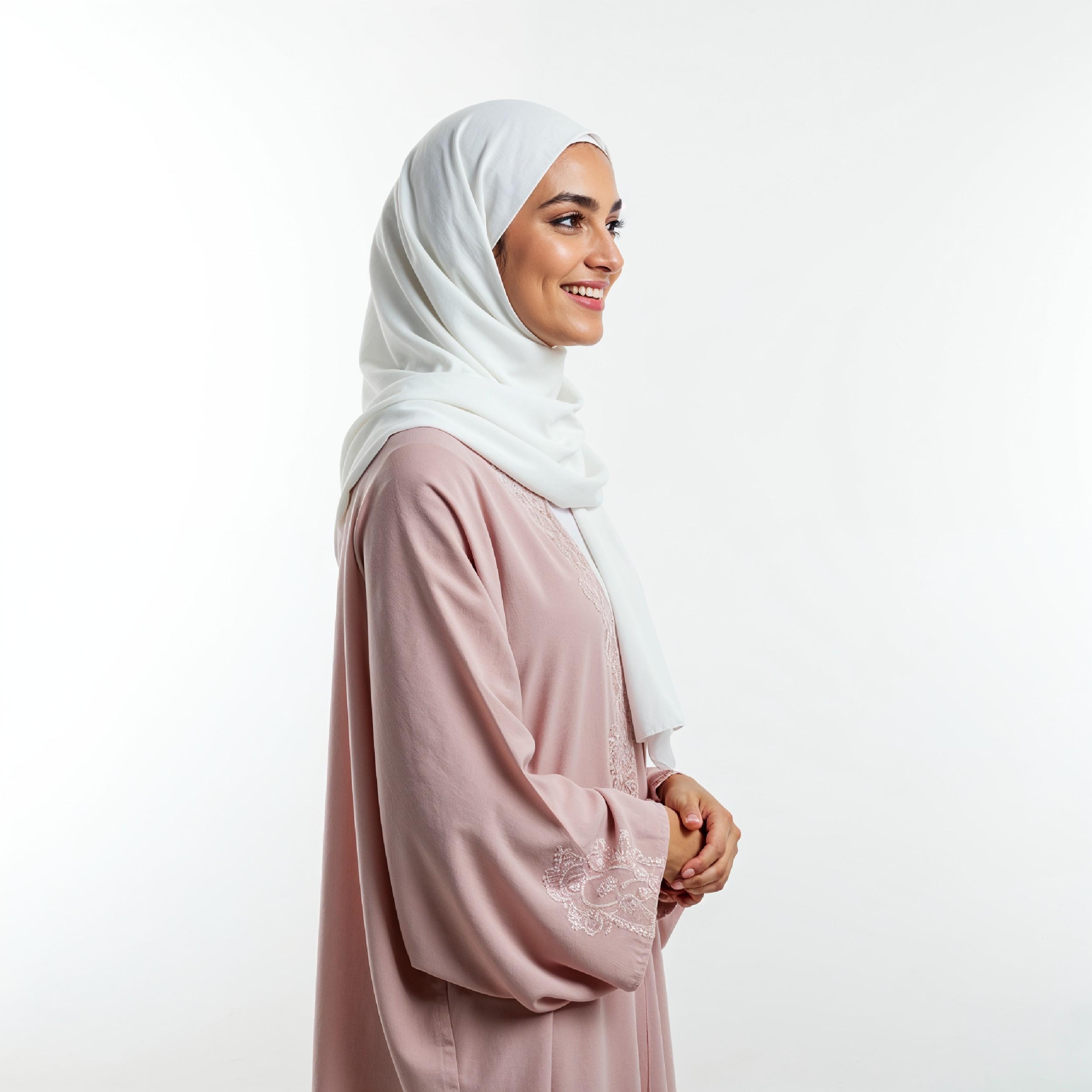 Beautiful Young Muslim Woman Wearing White Hijab and Modest Dress in Studio Portrait