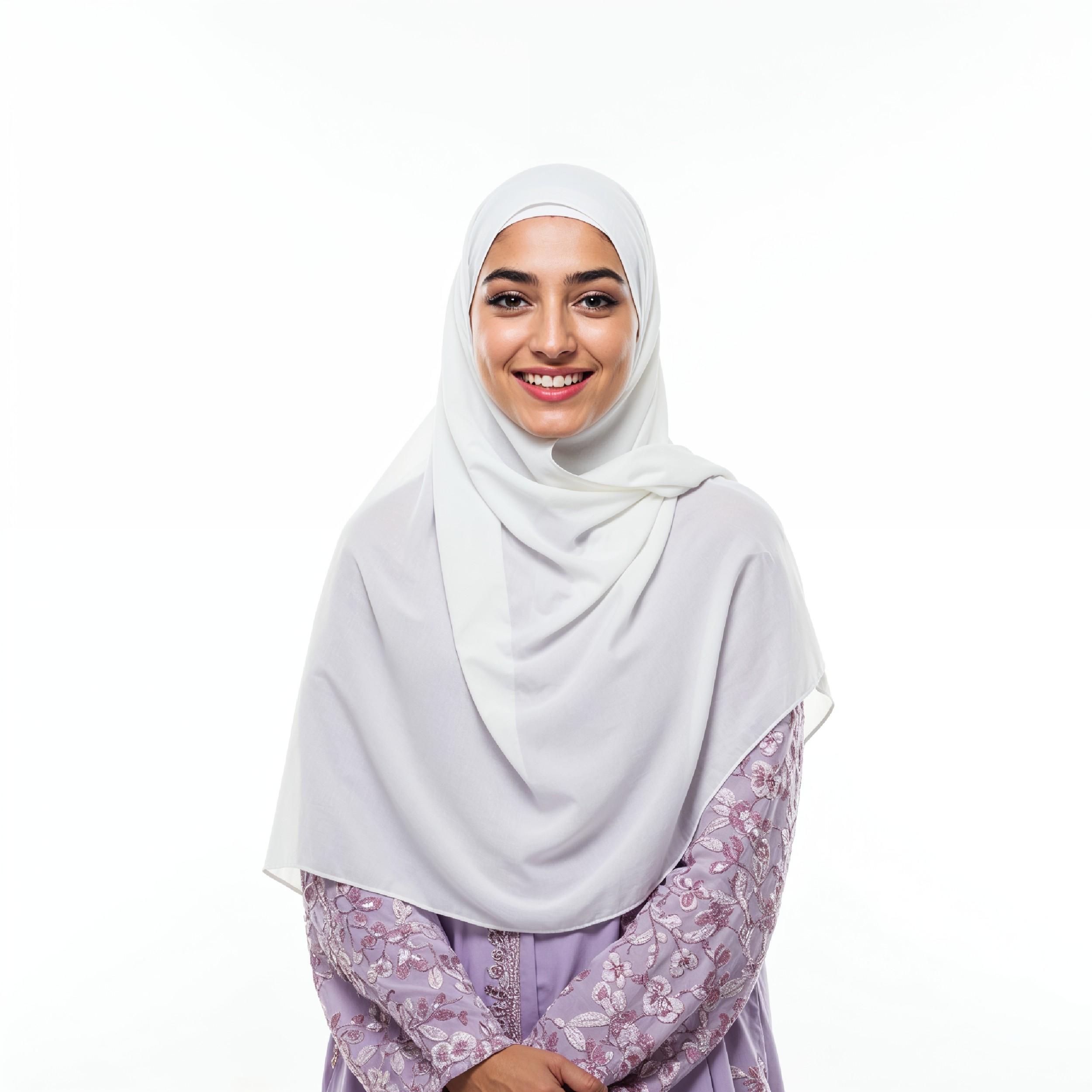 Beautiful Young Muslim Woman Wearing White Hijab and Modest Dress in Studio Portrait