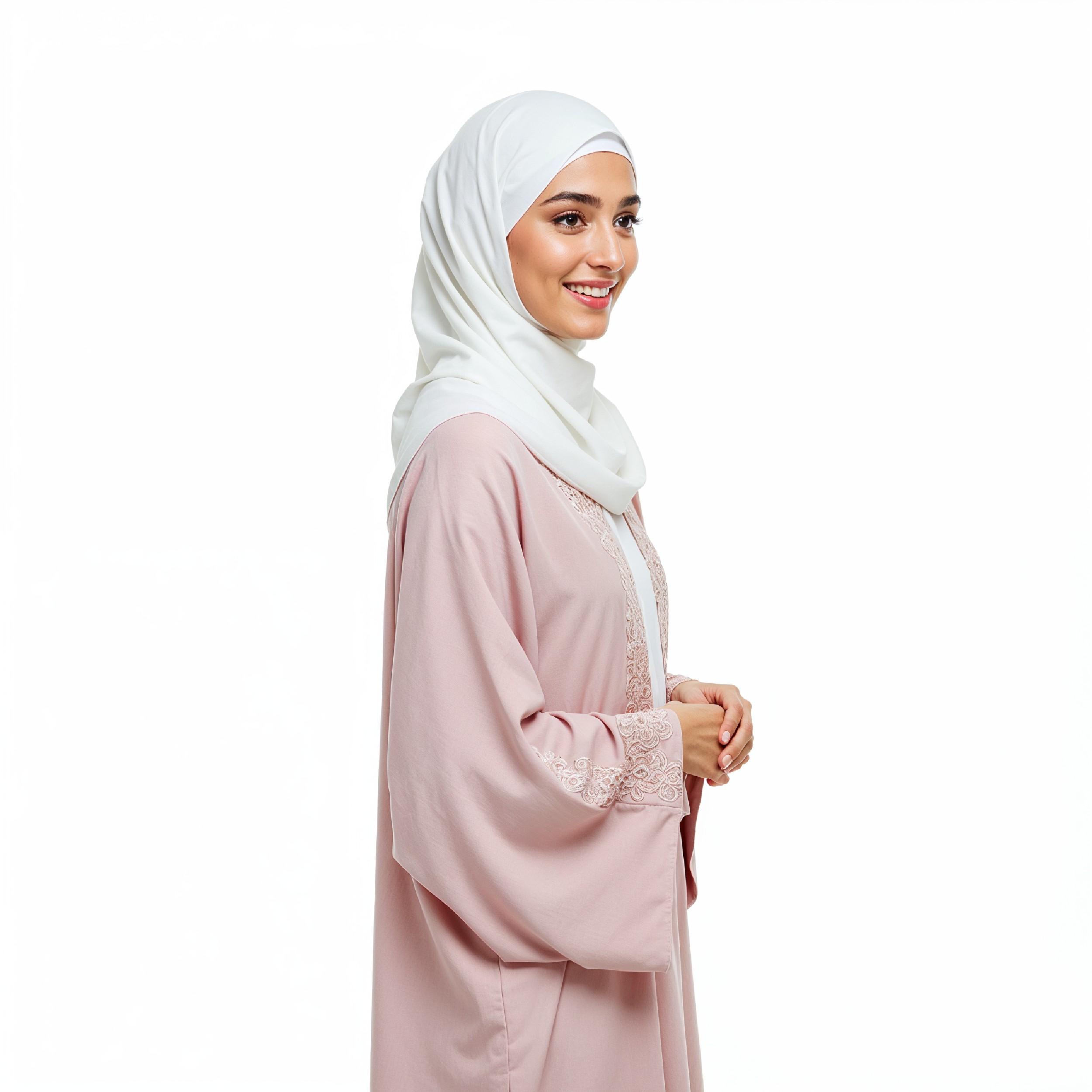 Beautiful Young Muslim Woman Wearing White Hijab and Modest Dress in Studio Portrait