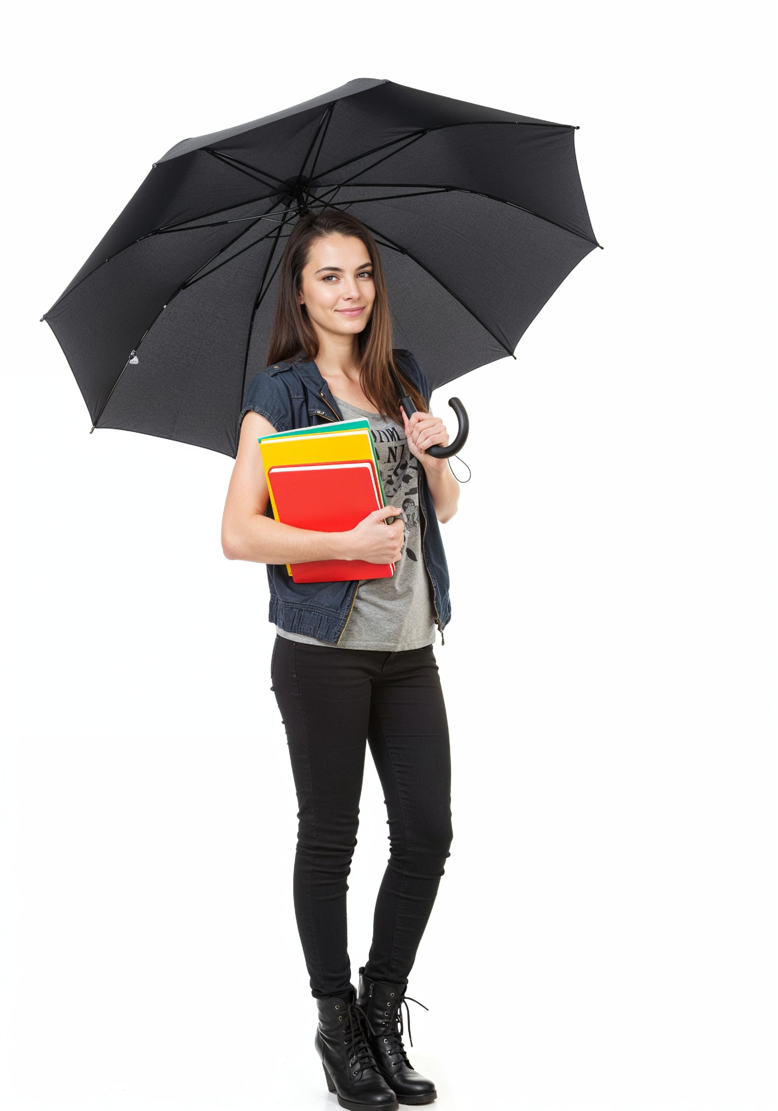 Beautiful Young Woman Holding Colorful Umbrella and Books Student Lifestyle Portrait