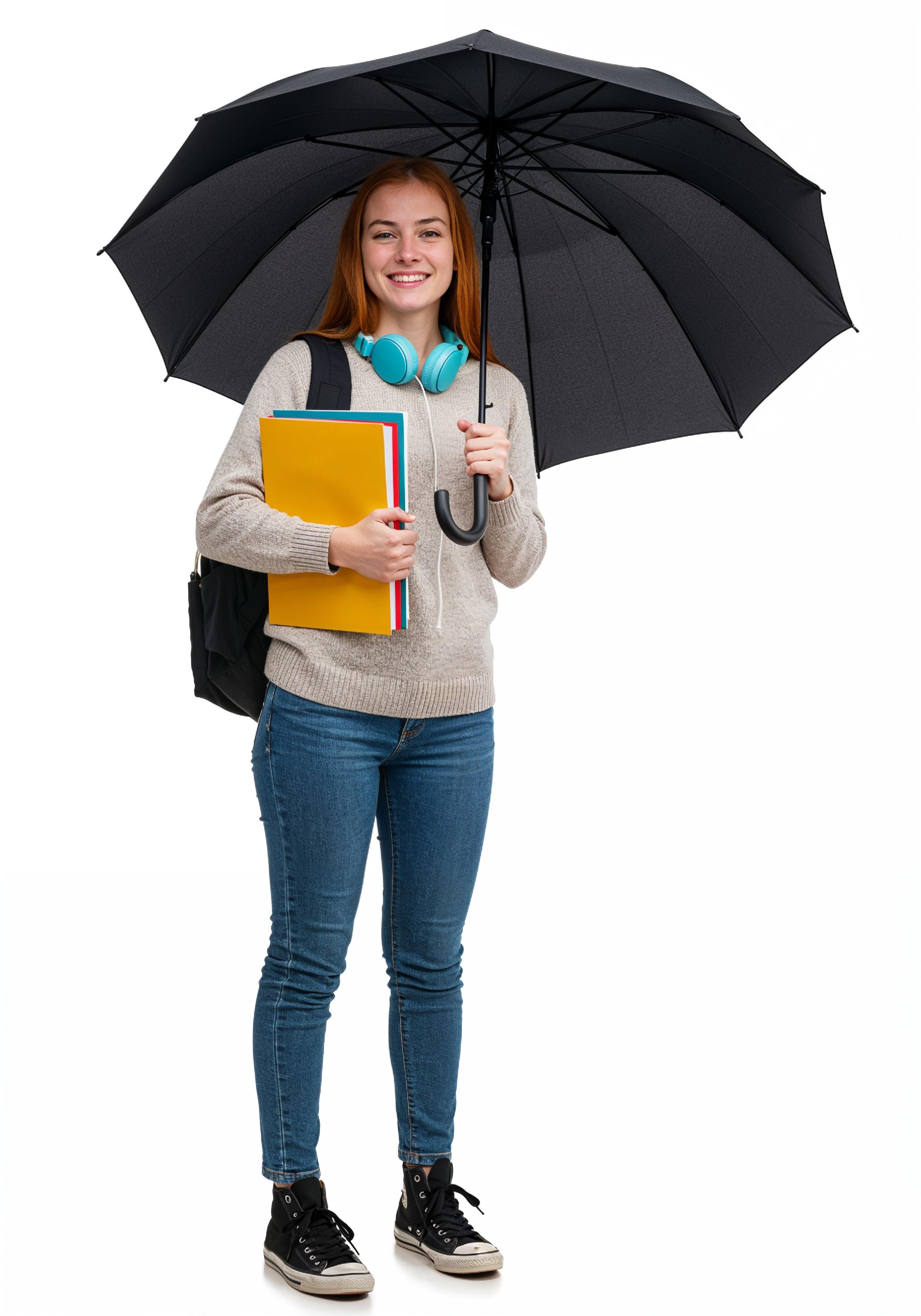 Beautiful Young Woman Holding Colorful Umbrella and Books Student Lifestyle Portrait