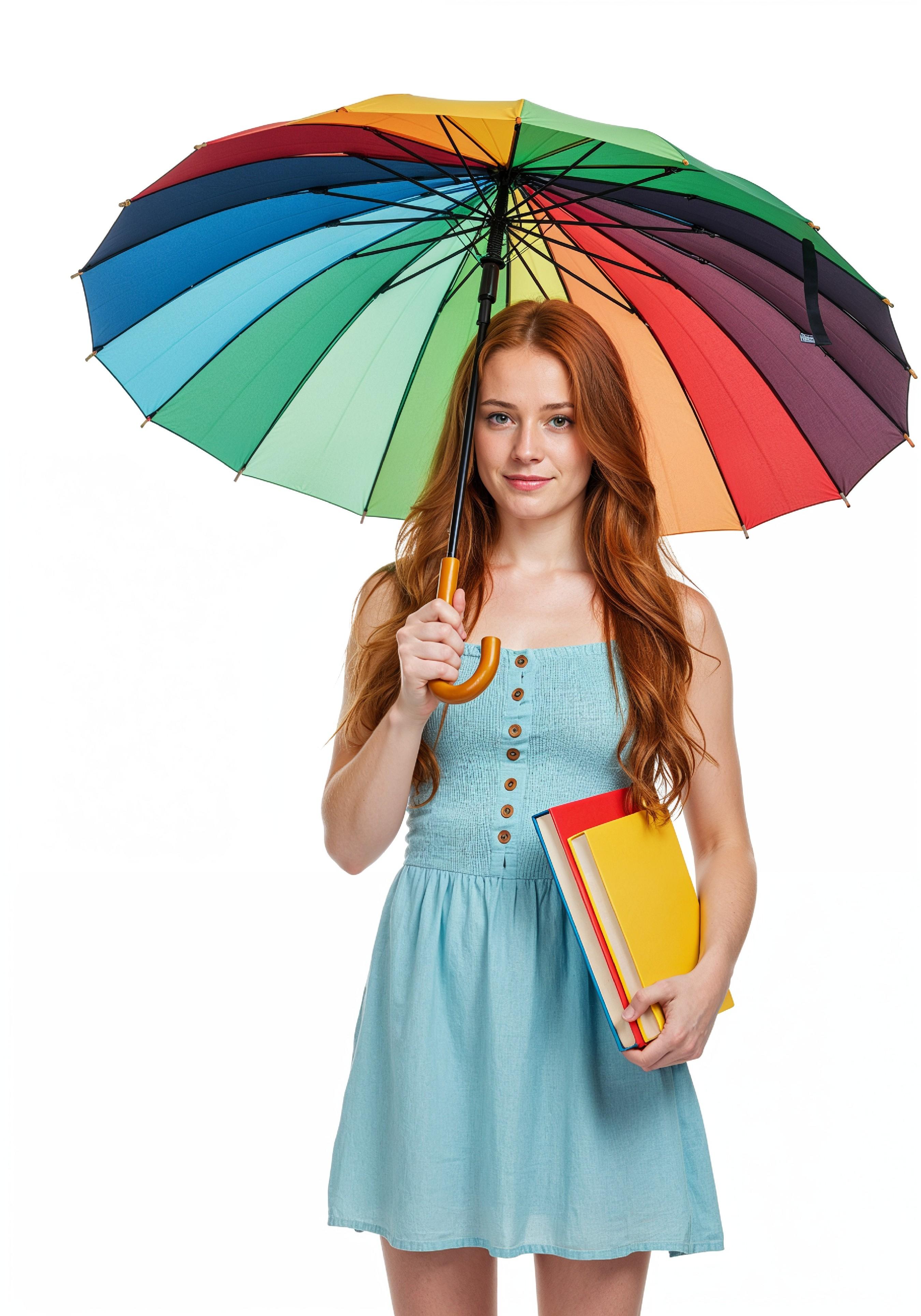 Beautiful Young Woman Holding Colorful Umbrella and Books Student Lifestyle Portrait