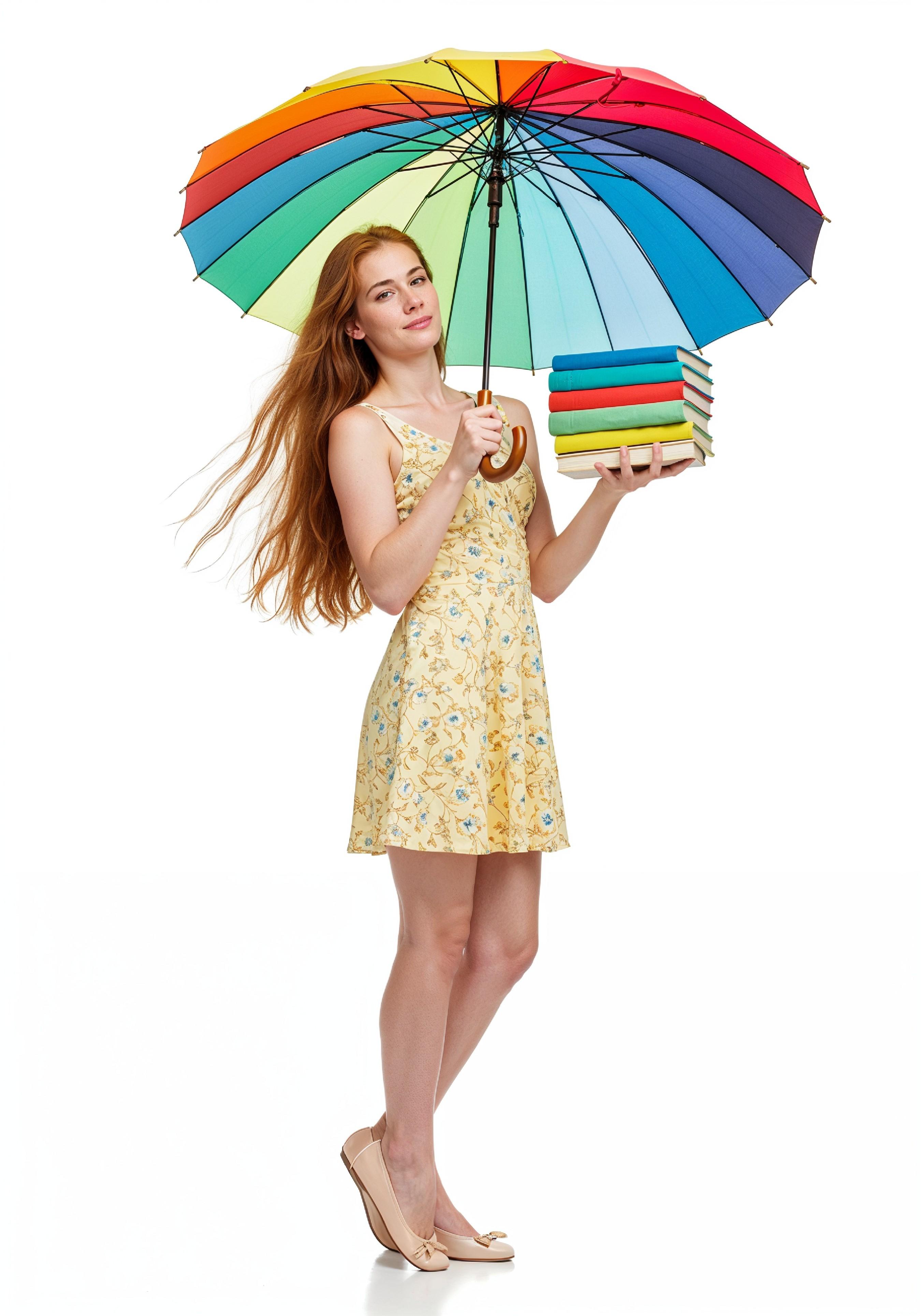 Beautiful Young Woman Holding Colorful Umbrella and Books Student Lifestyle Portrait