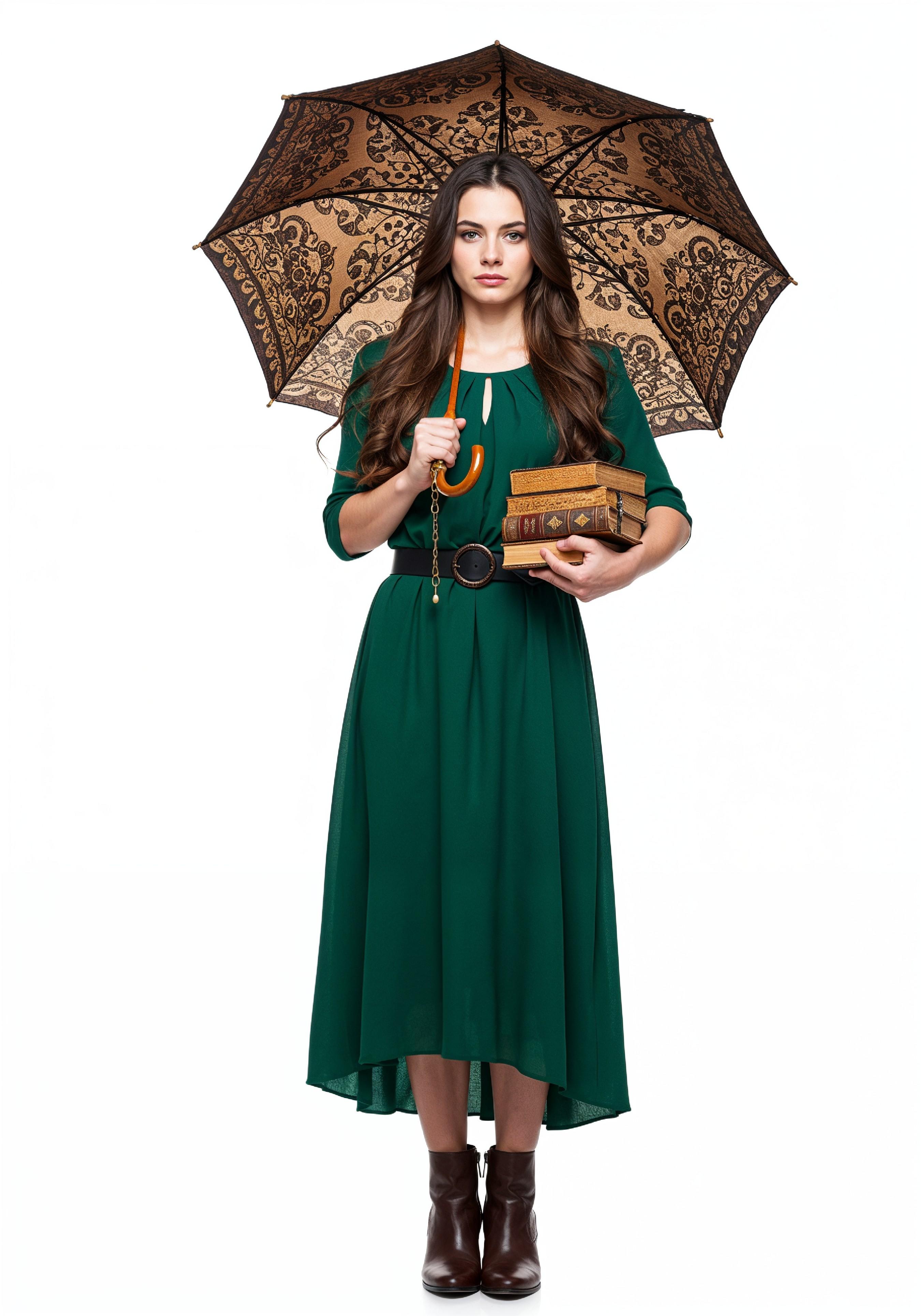 Beautiful Young Woman Holding Colorful Umbrella and Books Student Lifestyle Portrait