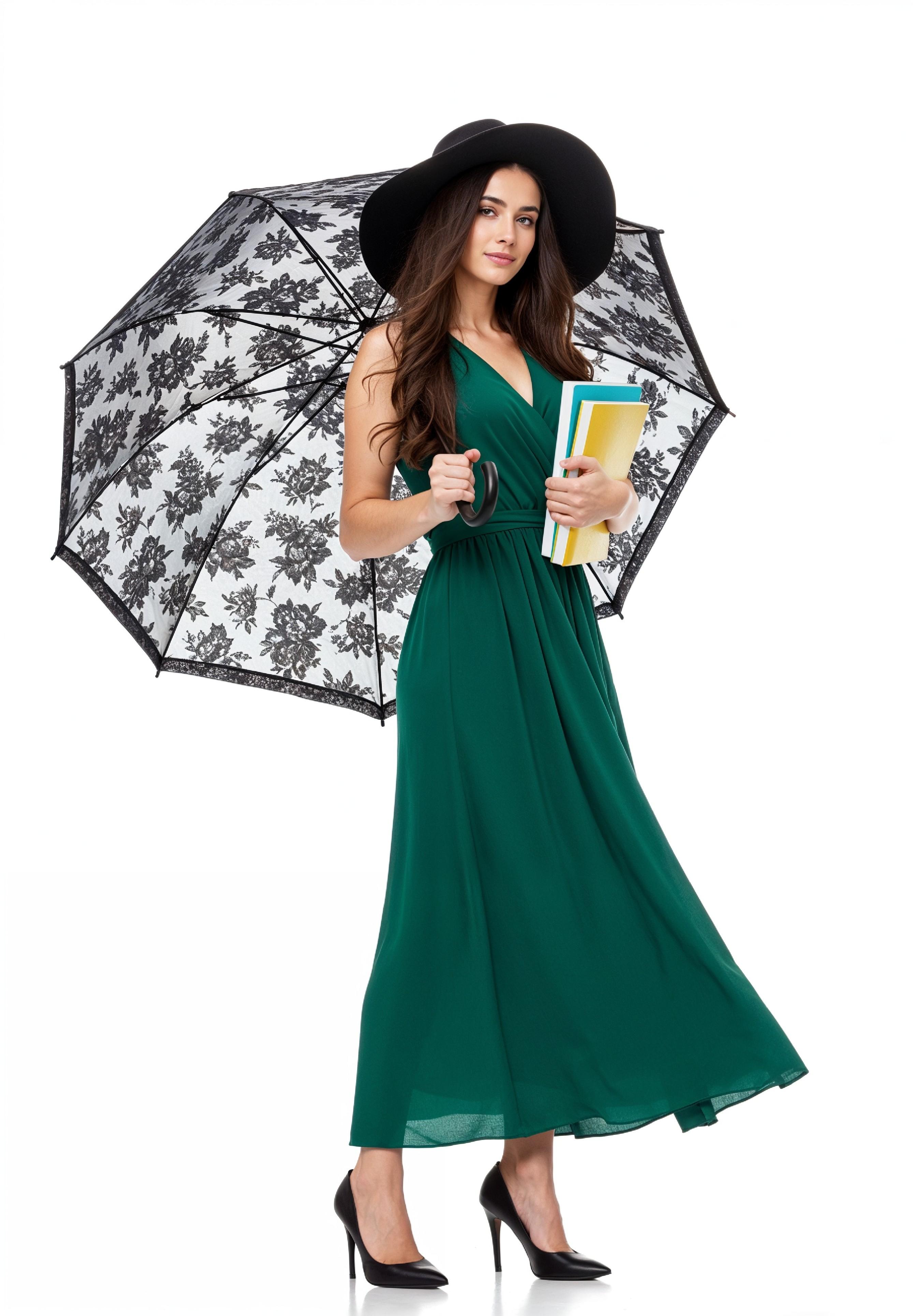 Beautiful Young Woman Holding Colorful Umbrella and Books Student Lifestyle Portrait