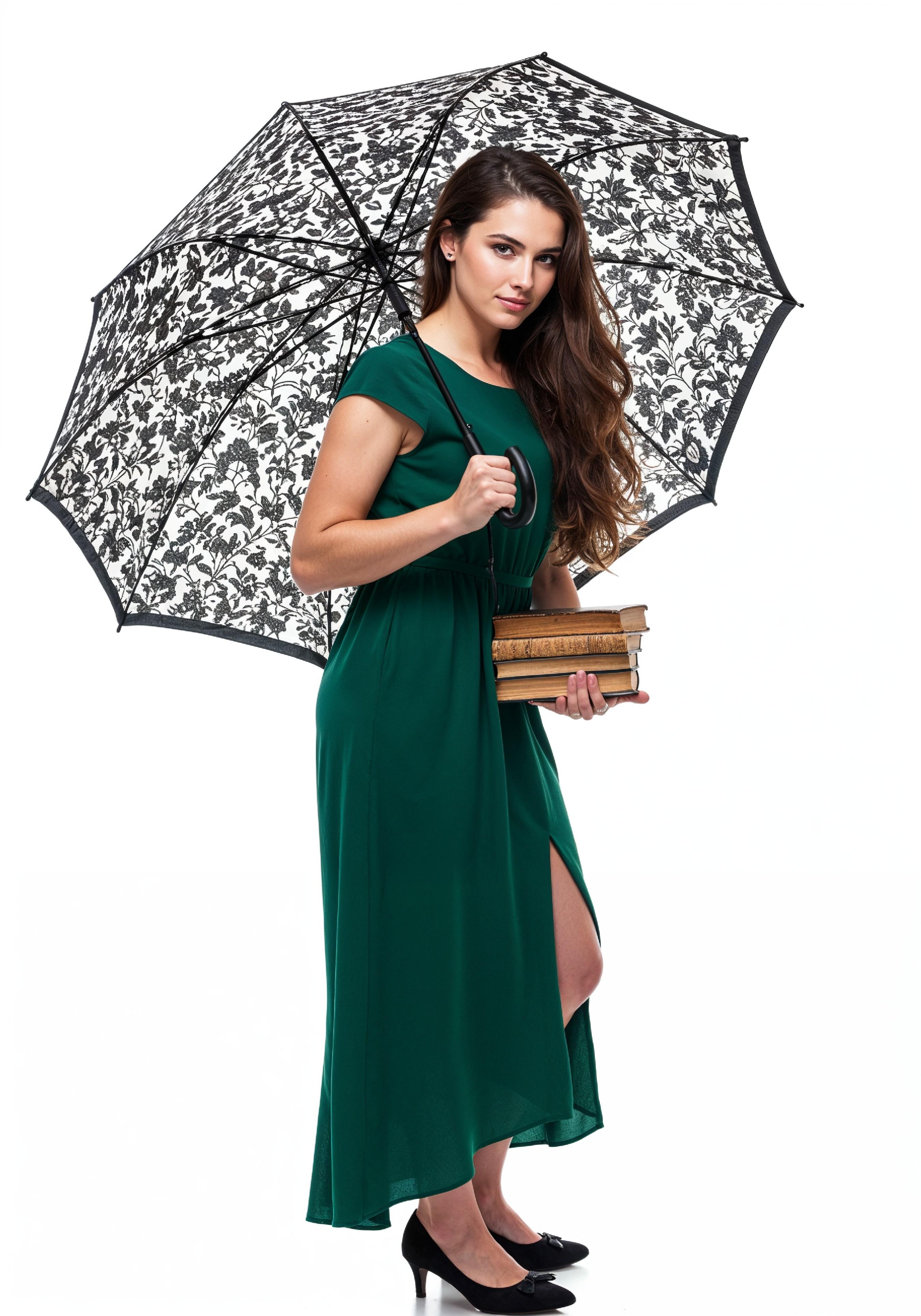 Beautiful Young Woman Holding Colorful Umbrella and Books Student Lifestyle Portrait
