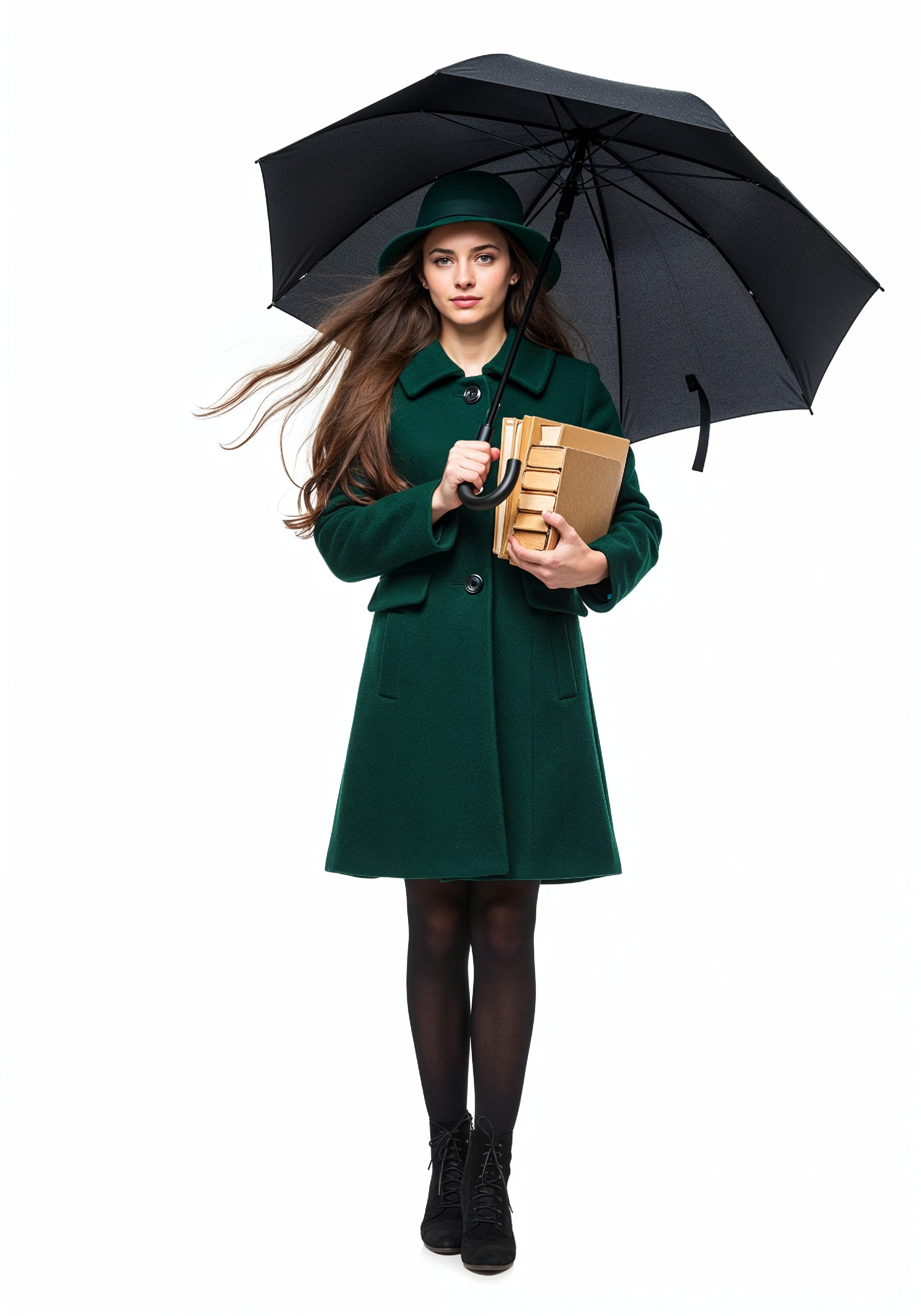 Beautiful Young Woman Holding Colorful Umbrella and Books Student Lifestyle Portrait