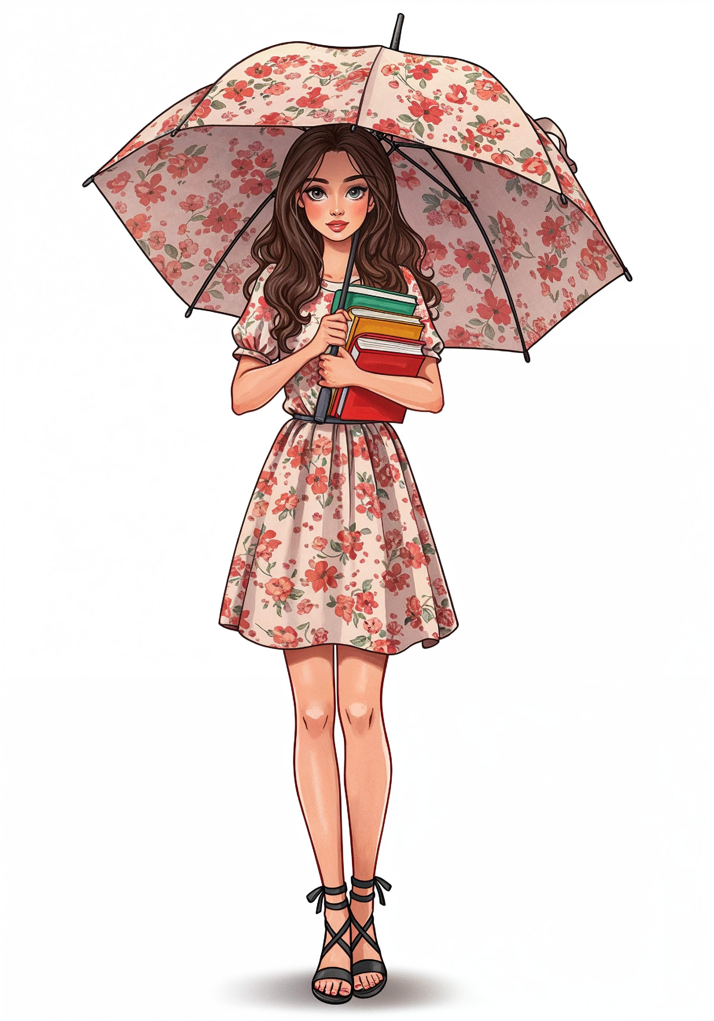 Beautiful Young Woman Holding Colorful Umbrella and Books Student Lifestyle Portrait
