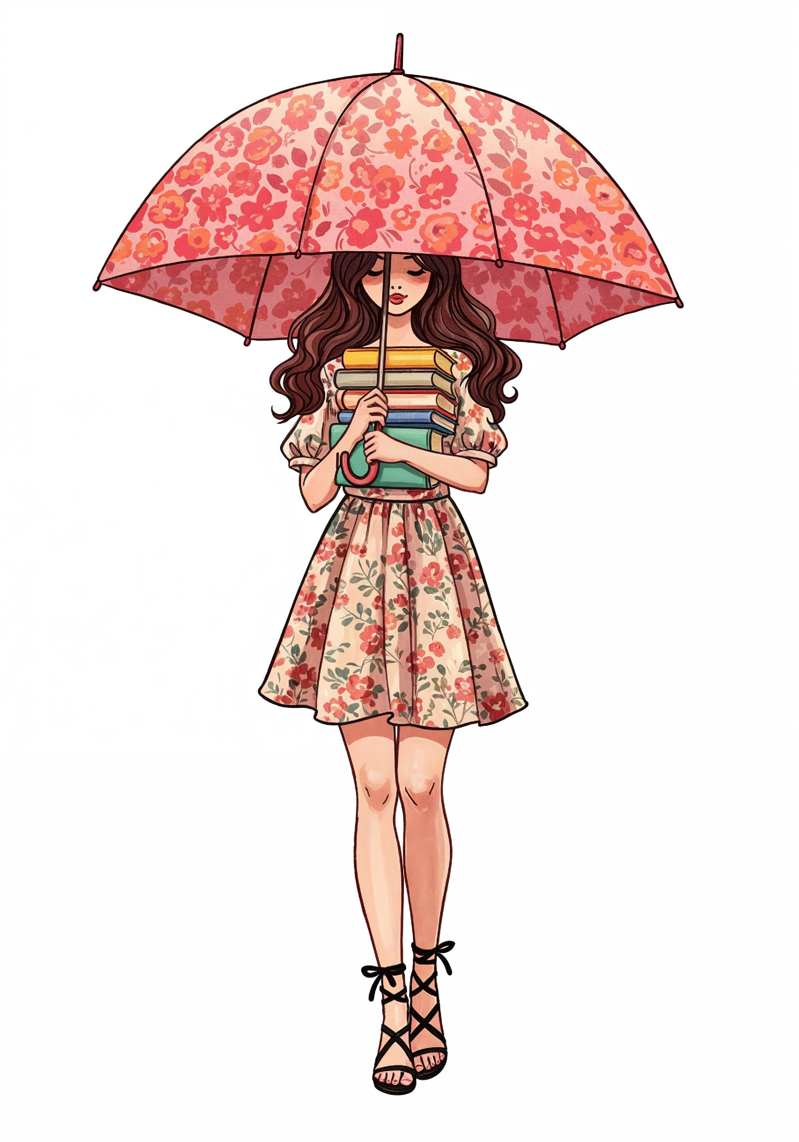 Beautiful Young Woman Holding Colorful Umbrella and Books Student Lifestyle Portrait
