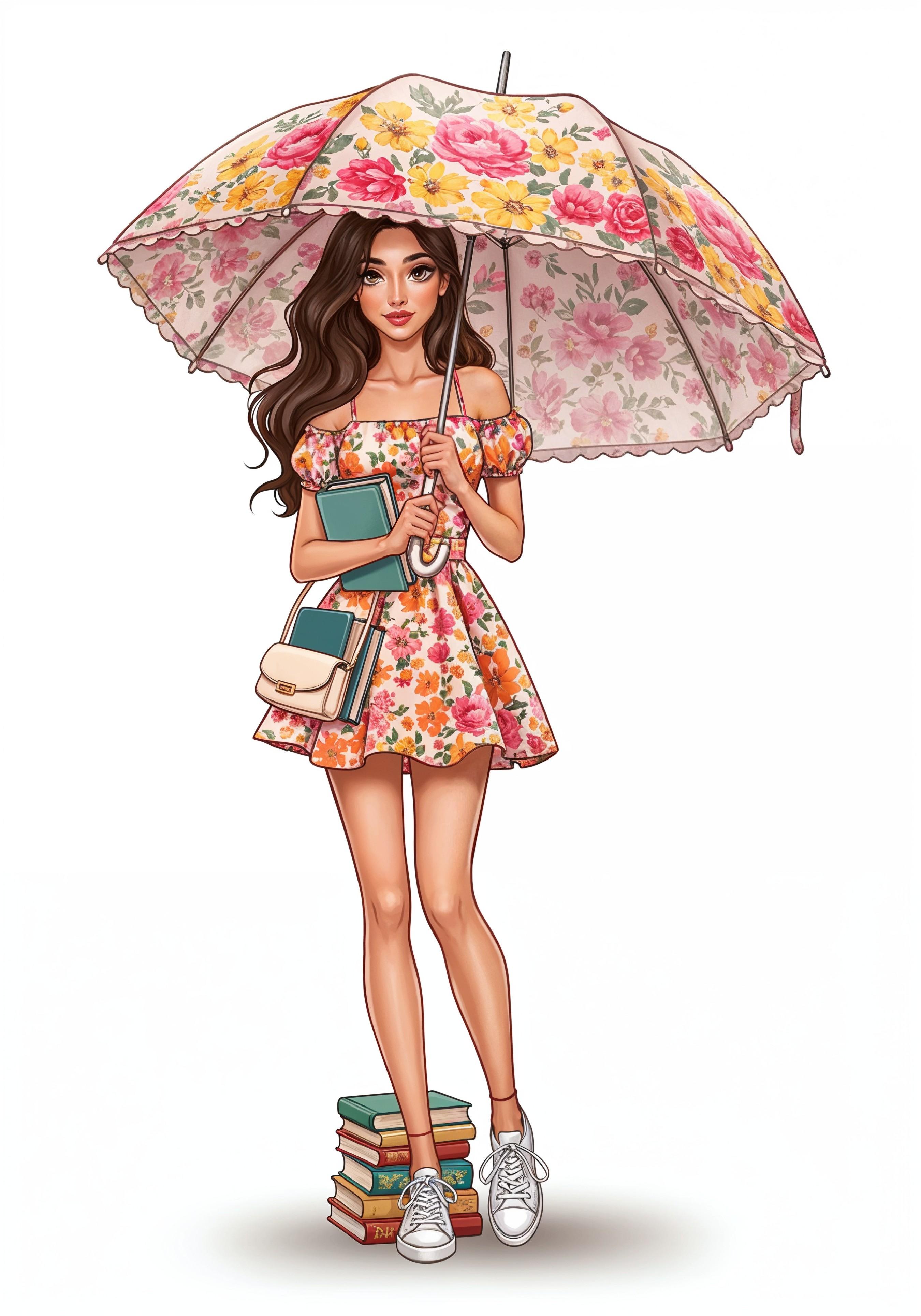 Beautiful Young Woman Holding Colorful Umbrella and Books Student Lifestyle Portrait