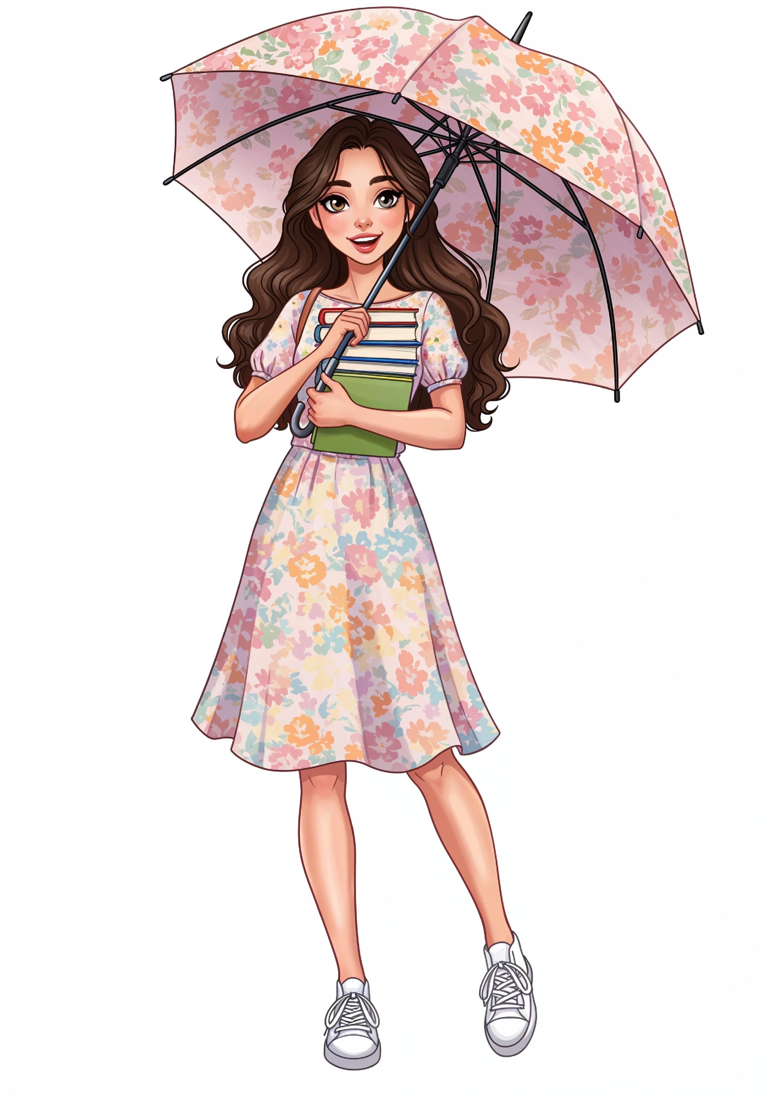 Beautiful Young Woman Holding Colorful Umbrella and Books Student Lifestyle Portrait