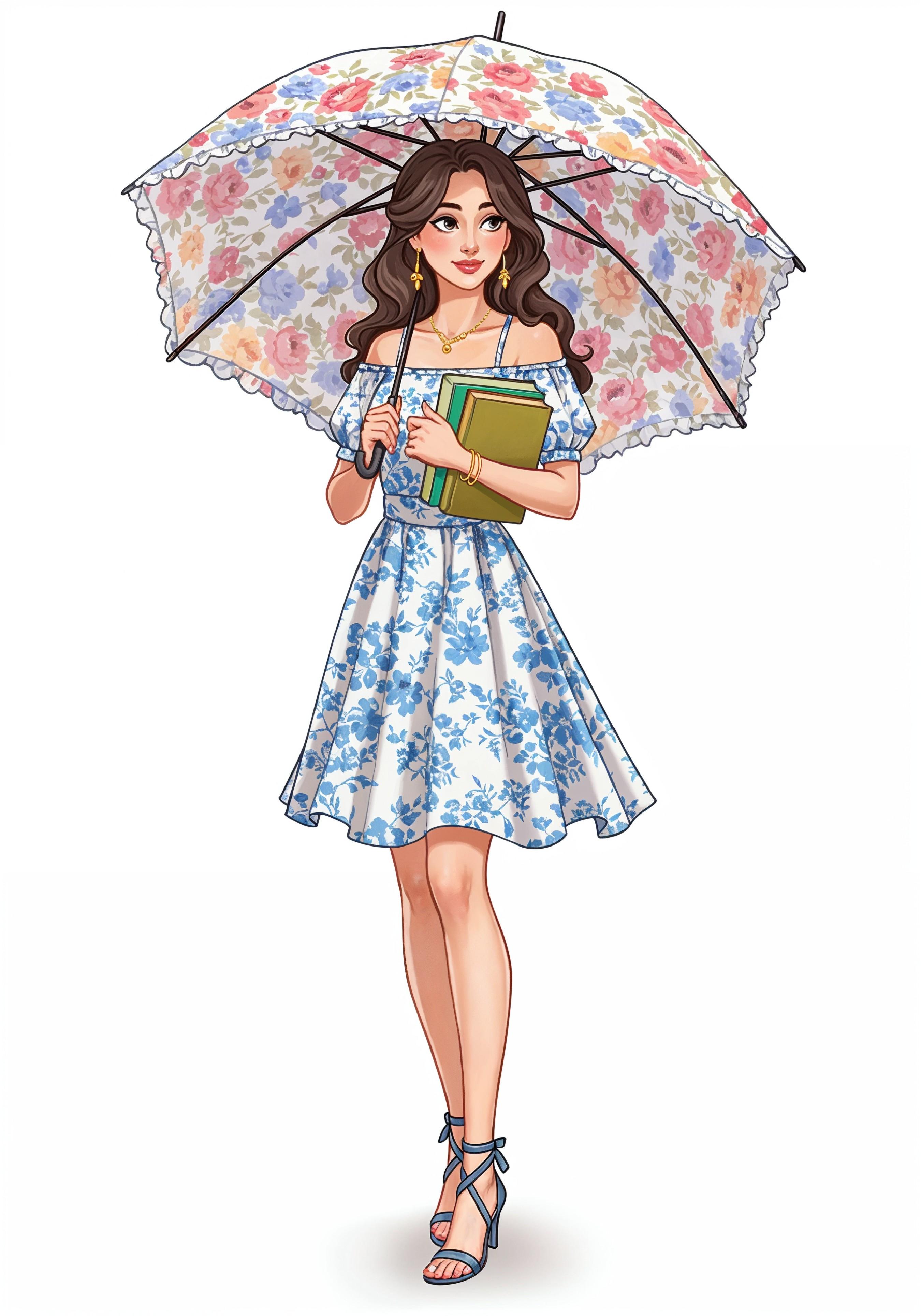 Beautiful Young Woman Holding Colorful Umbrella and Books Student Lifestyle Portrait