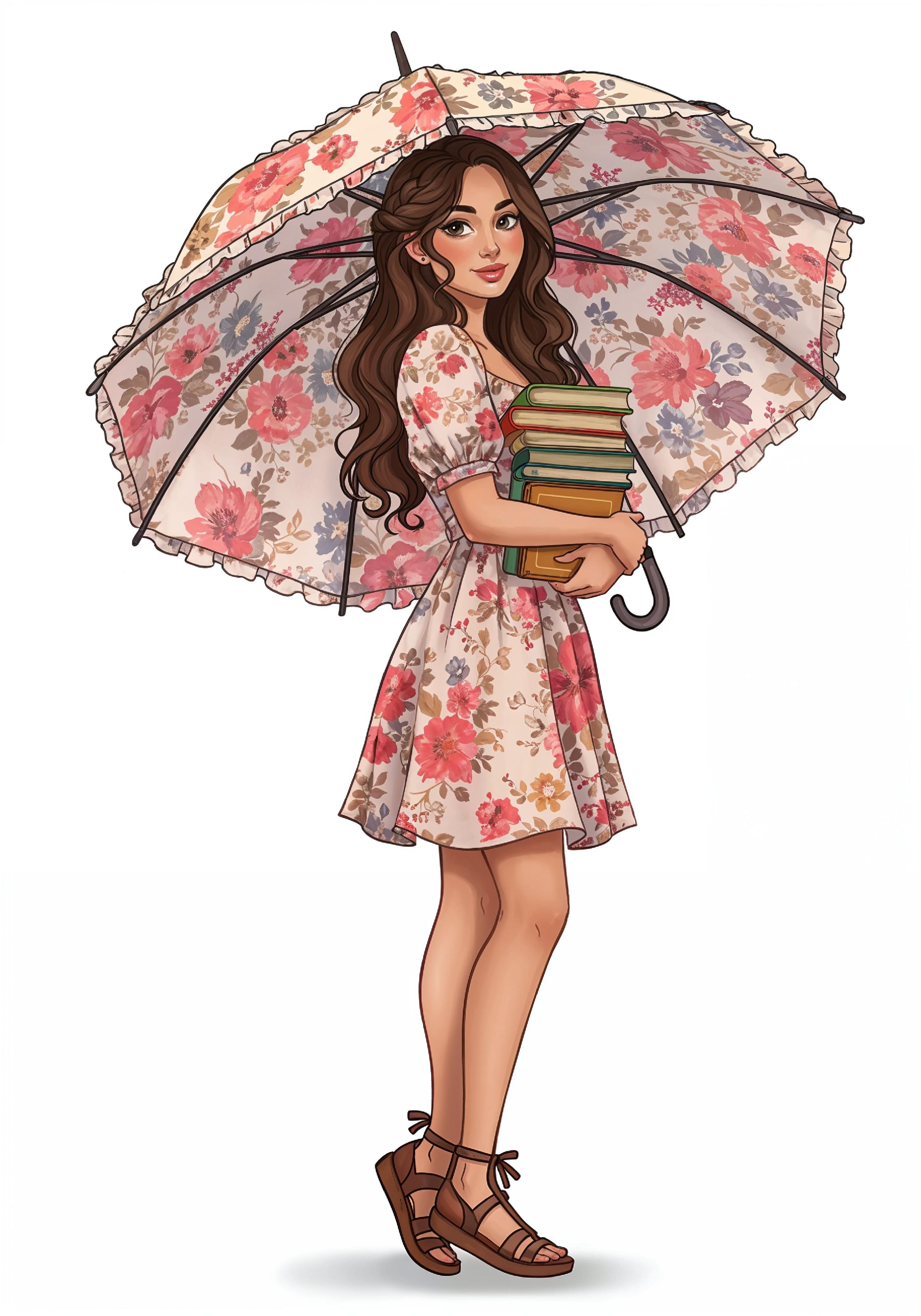 Beautiful Young Woman Holding Colorful Umbrella and Books Student Lifestyle Portrait