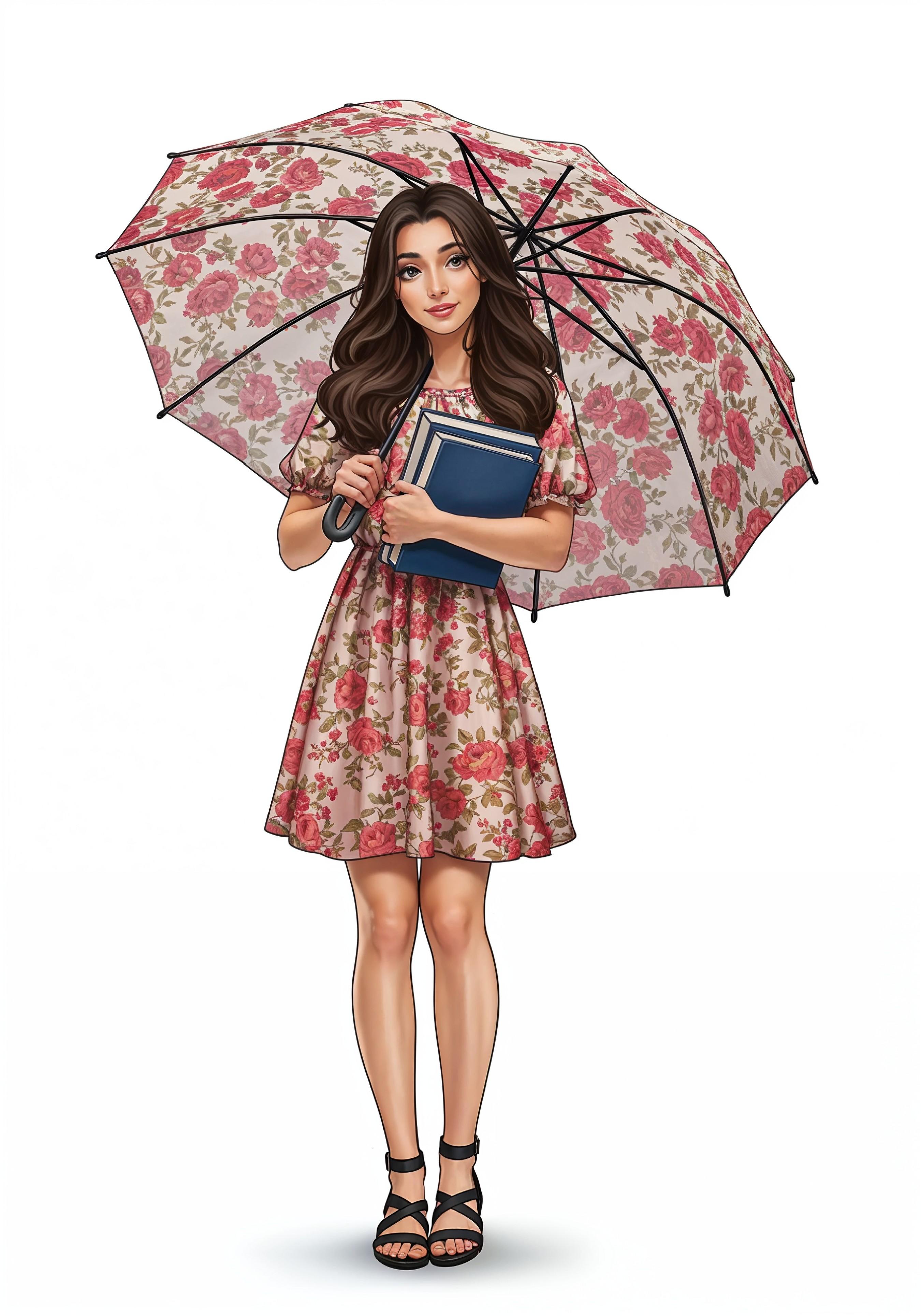 Beautiful Young Woman Holding Colorful Umbrella and Books Student Lifestyle Portrait