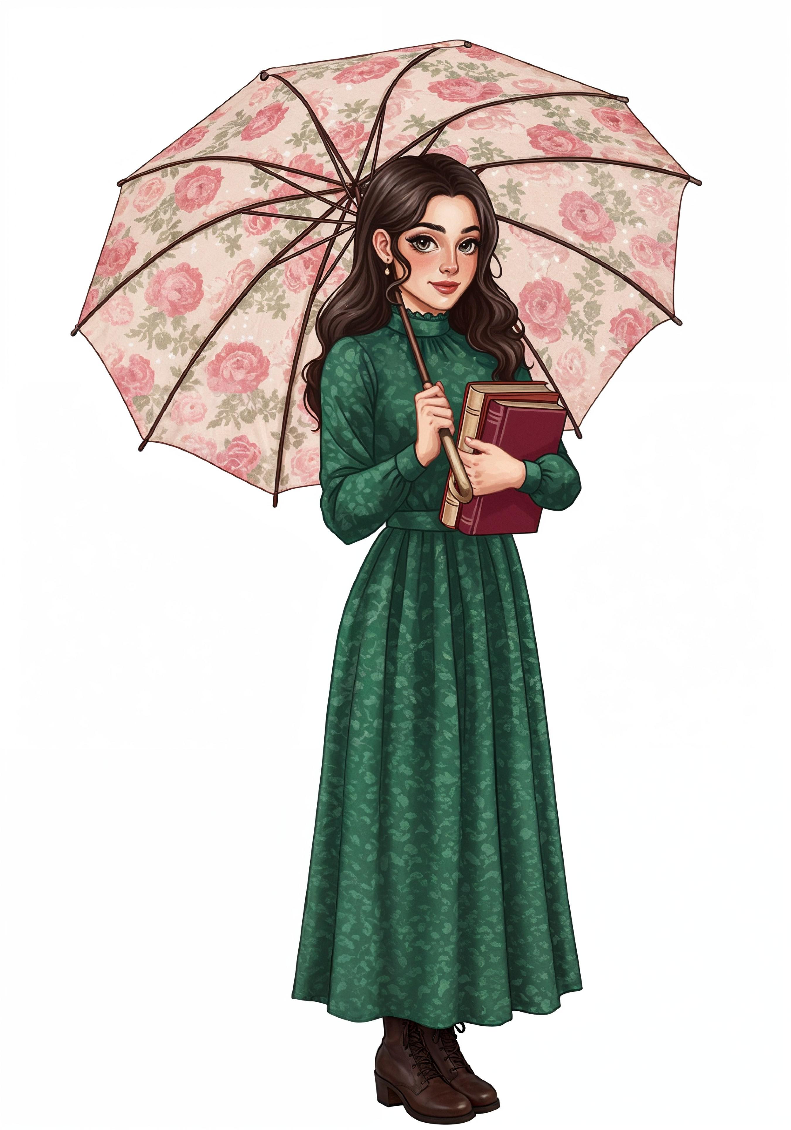 Beautiful Young Woman Holding Colorful Umbrella and Books Student Lifestyle Portrait
