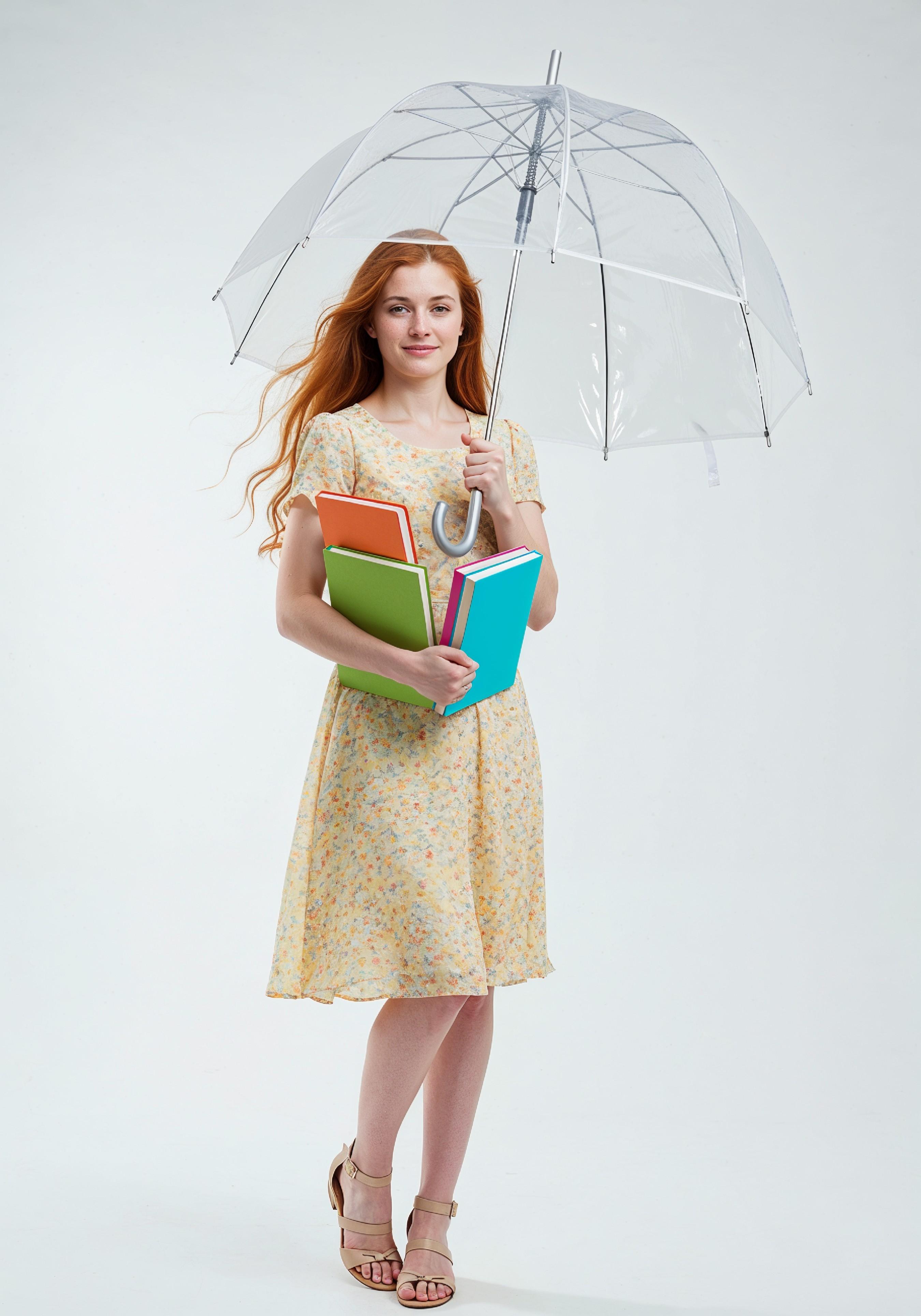 Beautiful Young Woman Holding Colorful Umbrella and Books Student Lifestyle Portrait