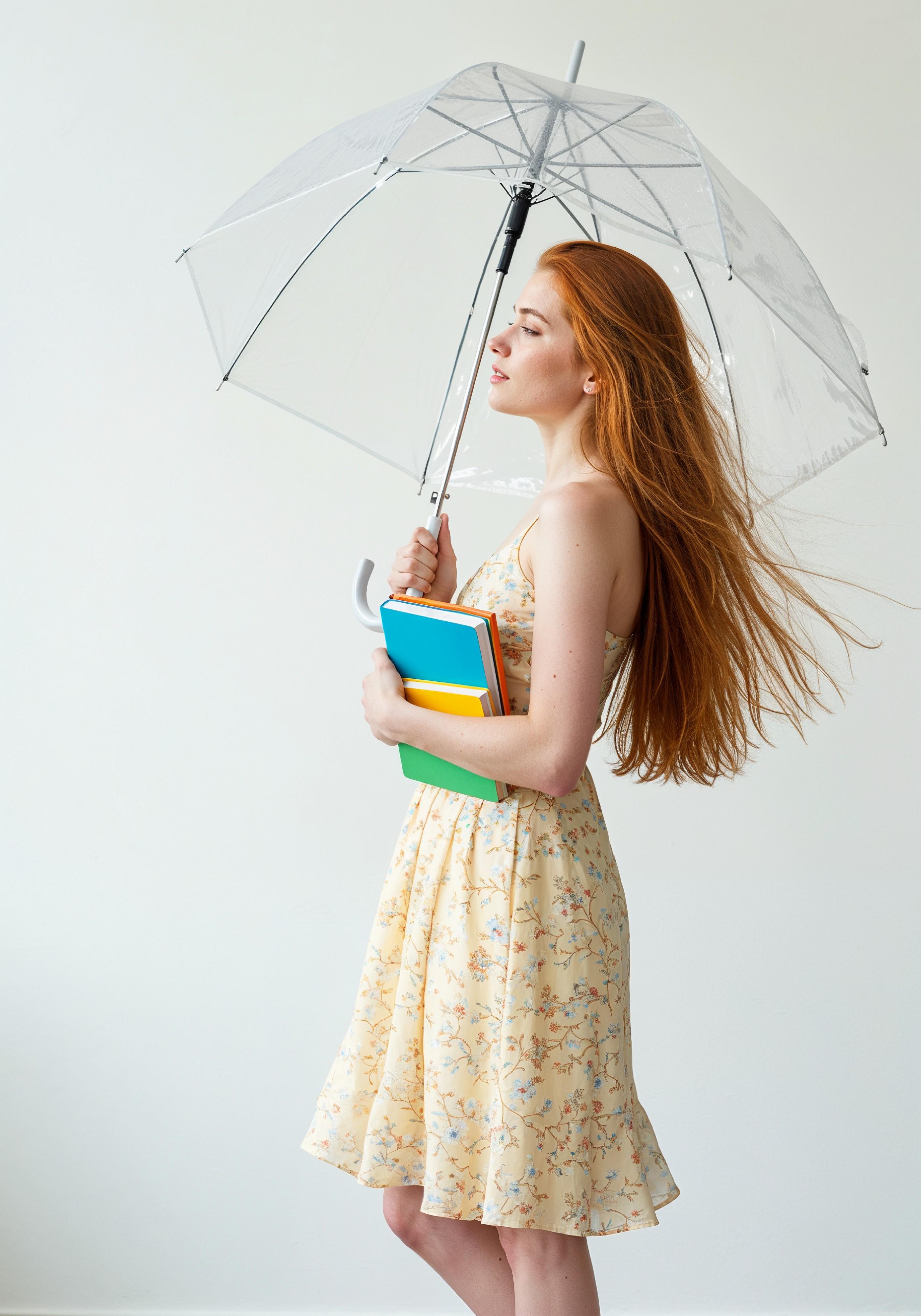 Beautiful Young Woman Holding Colorful Umbrella and Books Student Lifestyle Portrait