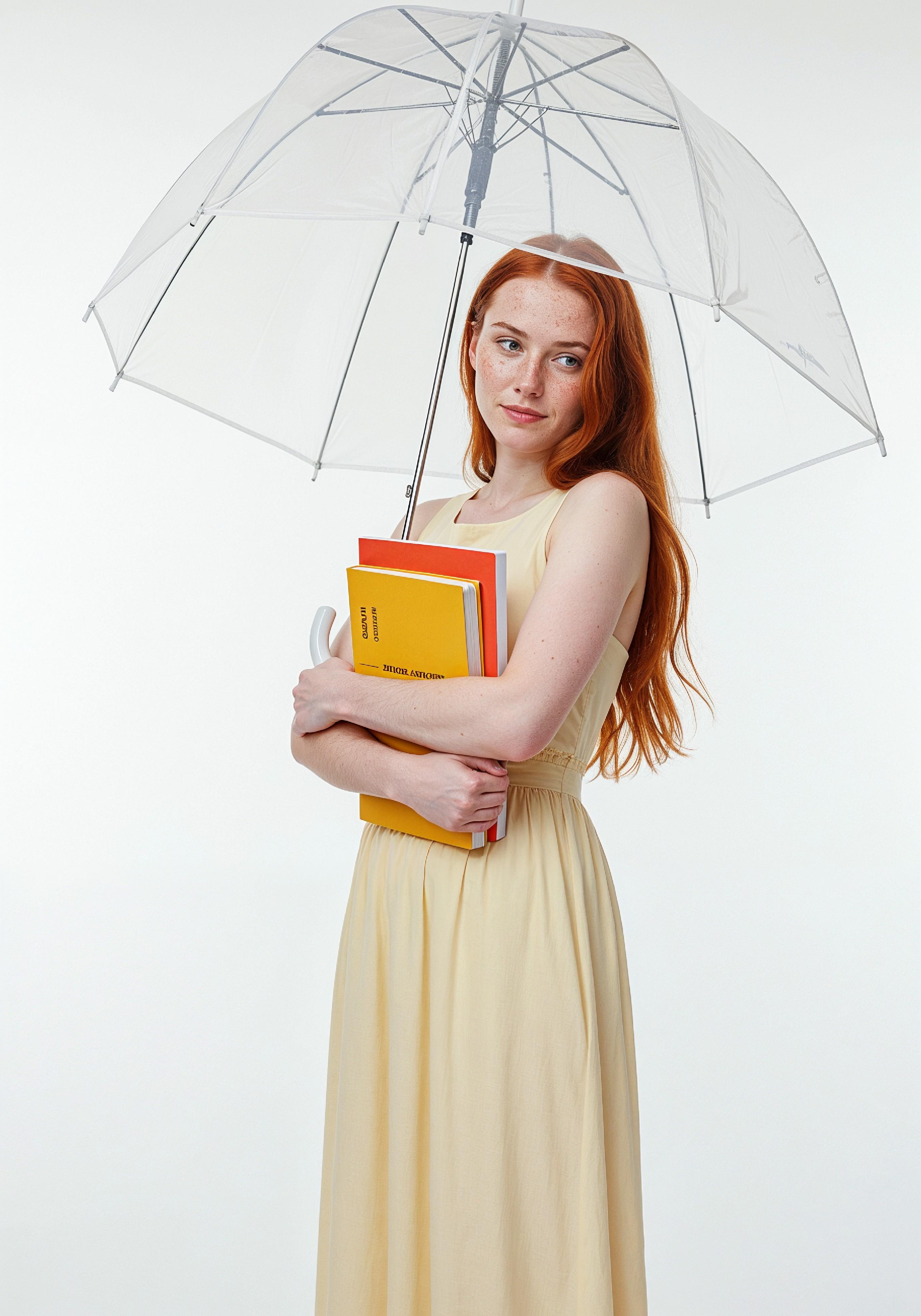 Beautiful Young Woman Holding Colorful Umbrella and Books Student Lifestyle Portrait