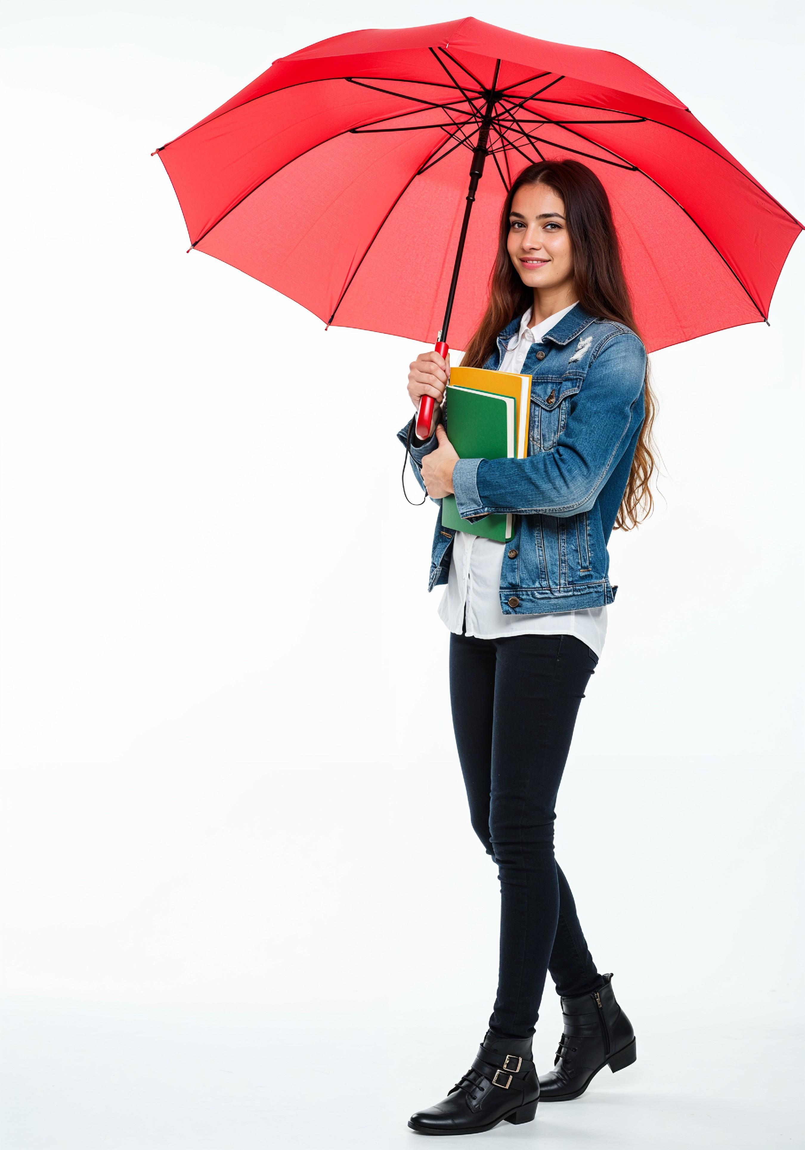 Beautiful Young Woman Holding Colorful Umbrella and Books Student Lifestyle Portrait