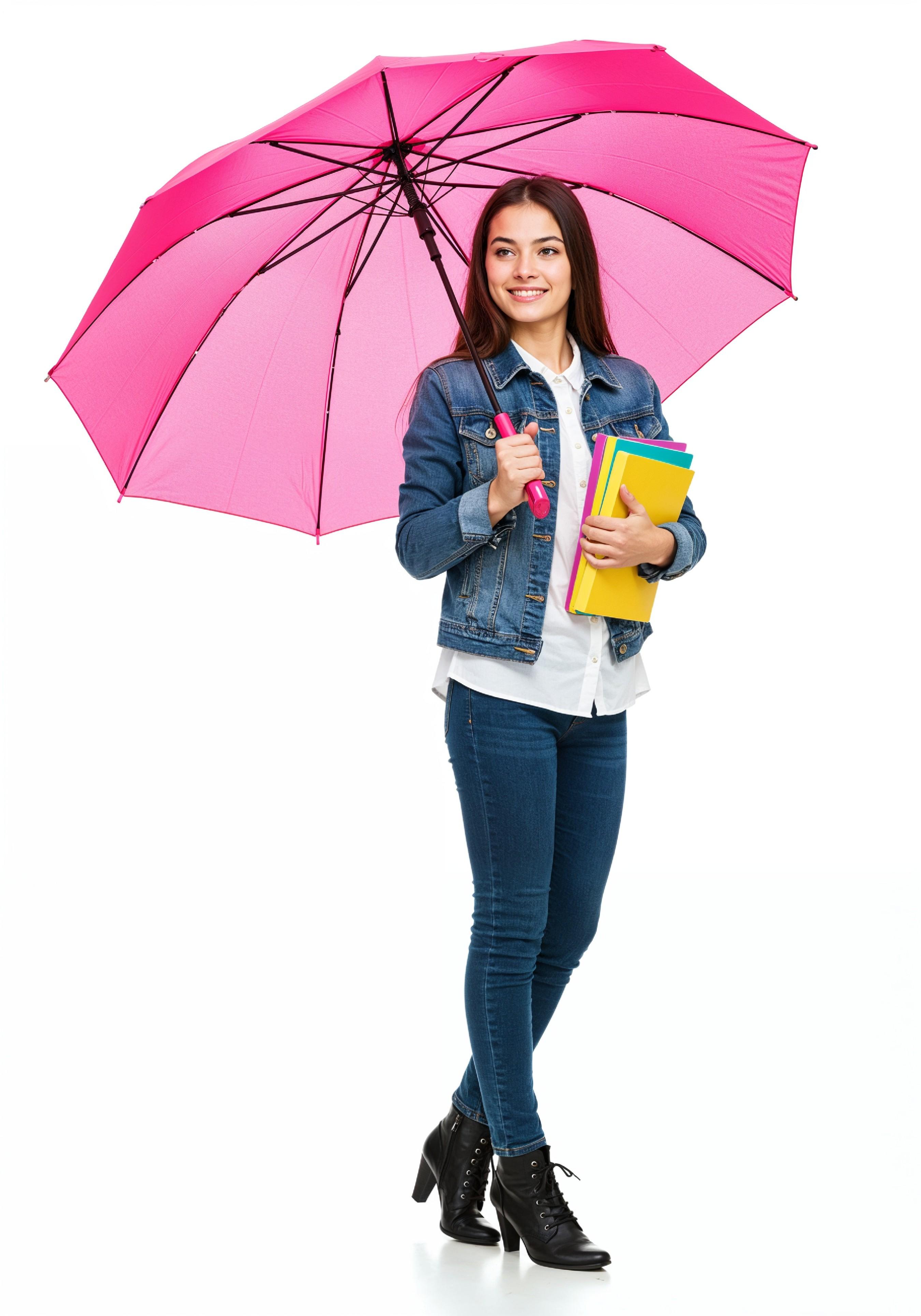 Beautiful Young Woman Holding Colorful Umbrella and Books Student Lifestyle Portrait