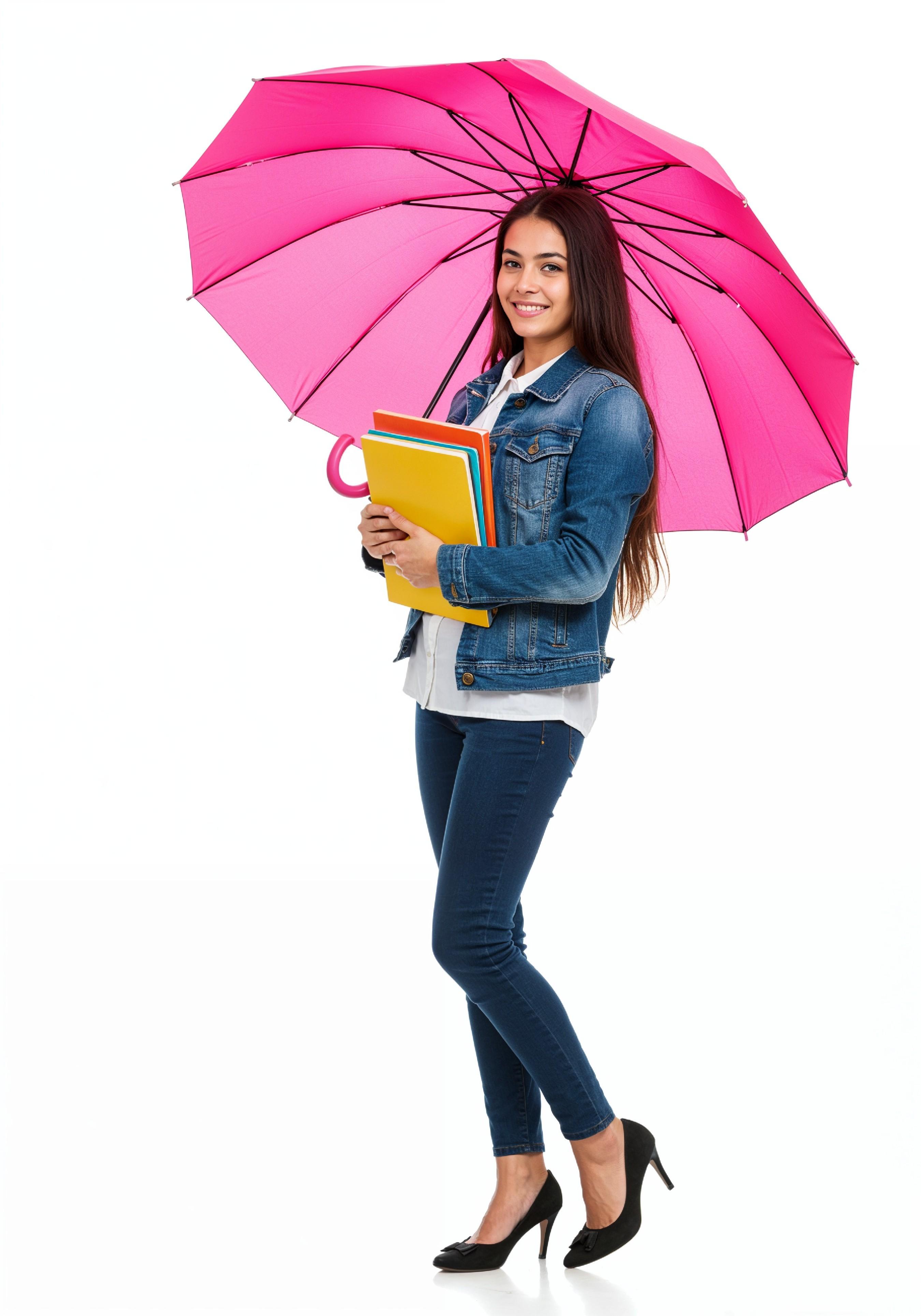 Beautiful Young Woman Holding Colorful Umbrella and Books Student Lifestyle Portrait