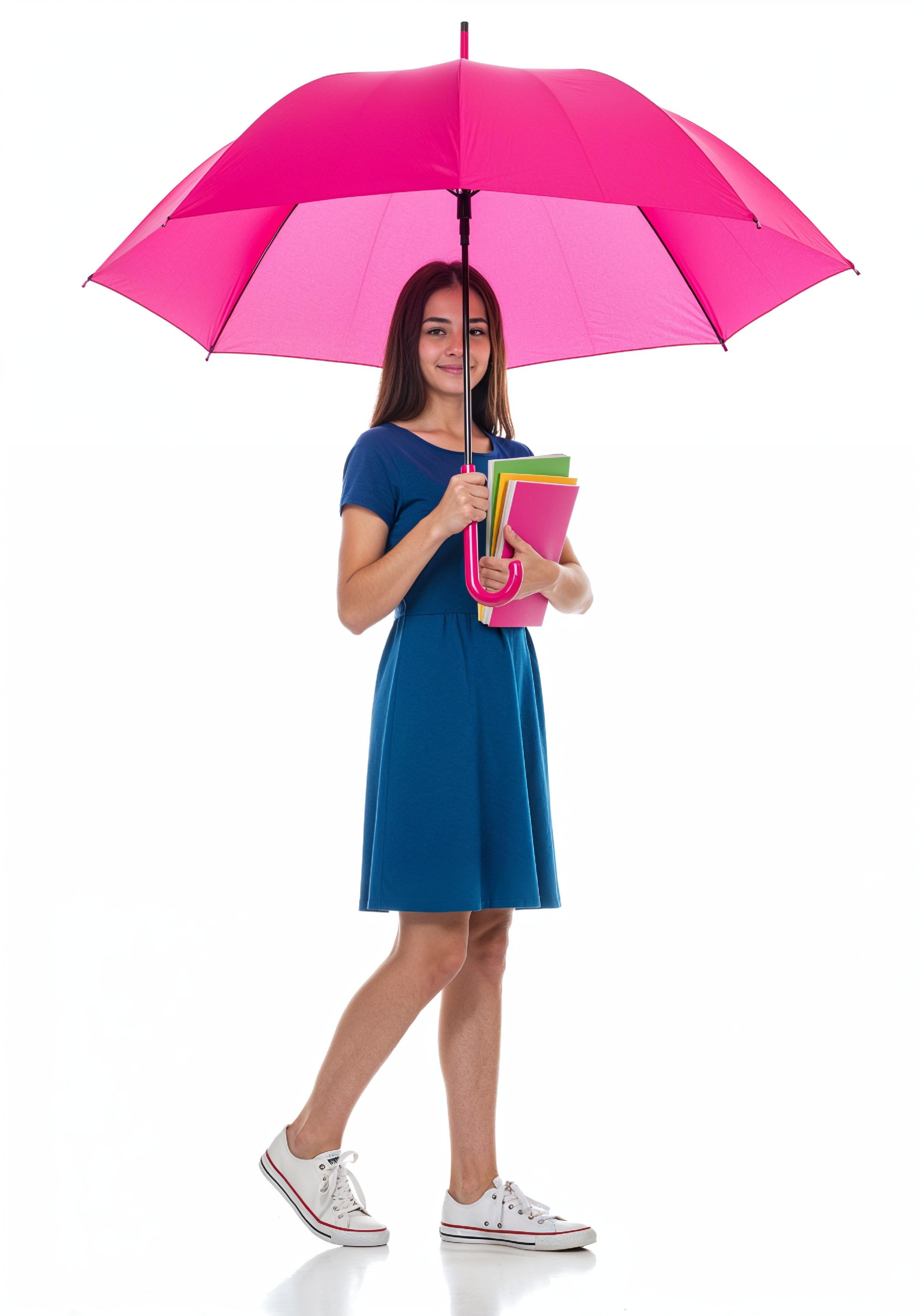Beautiful Young Woman Holding Colorful Umbrella and Books Student Lifestyle Portrait