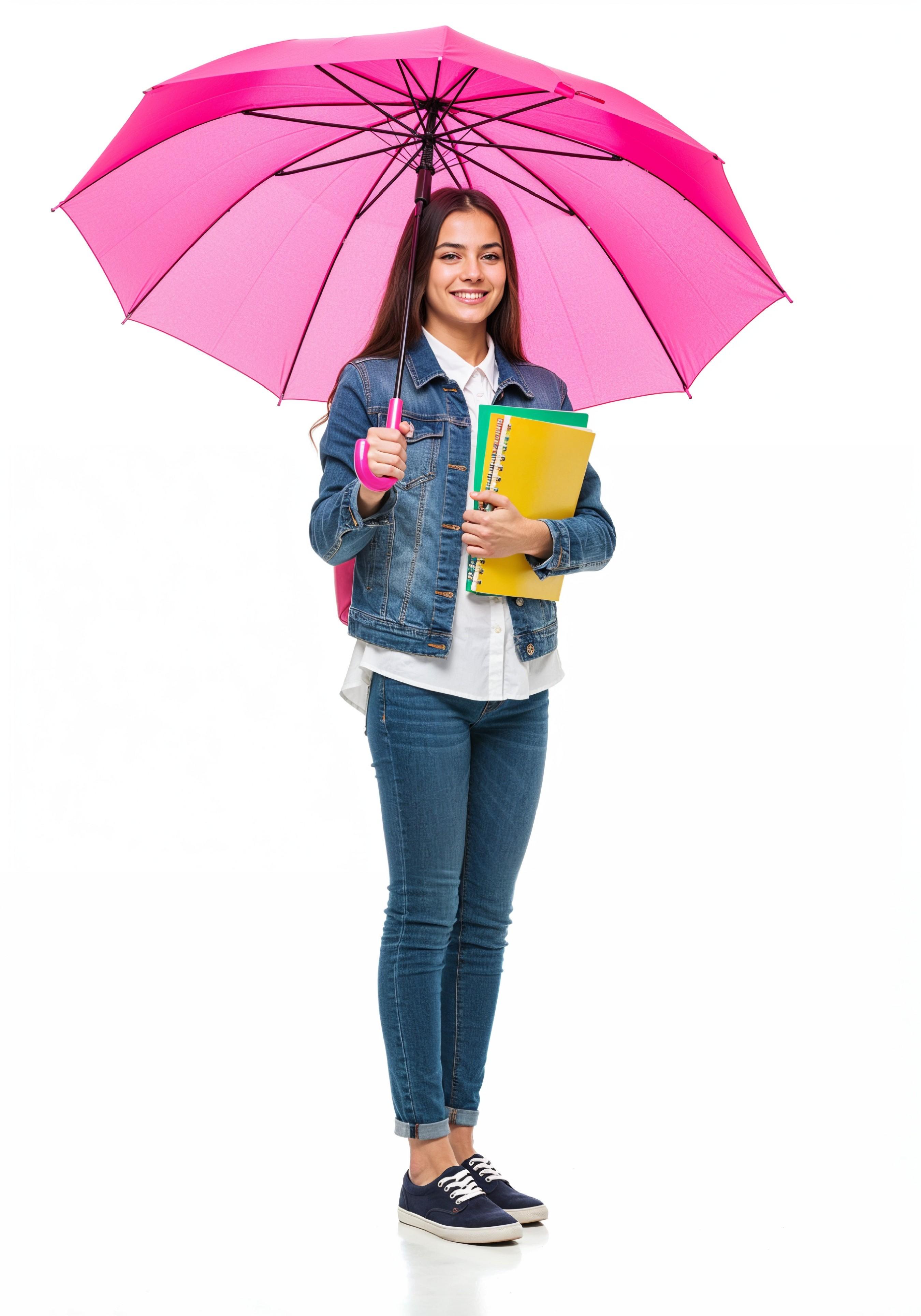 Beautiful Young Woman Holding Colorful Umbrella and Books Student Lifestyle Portrait